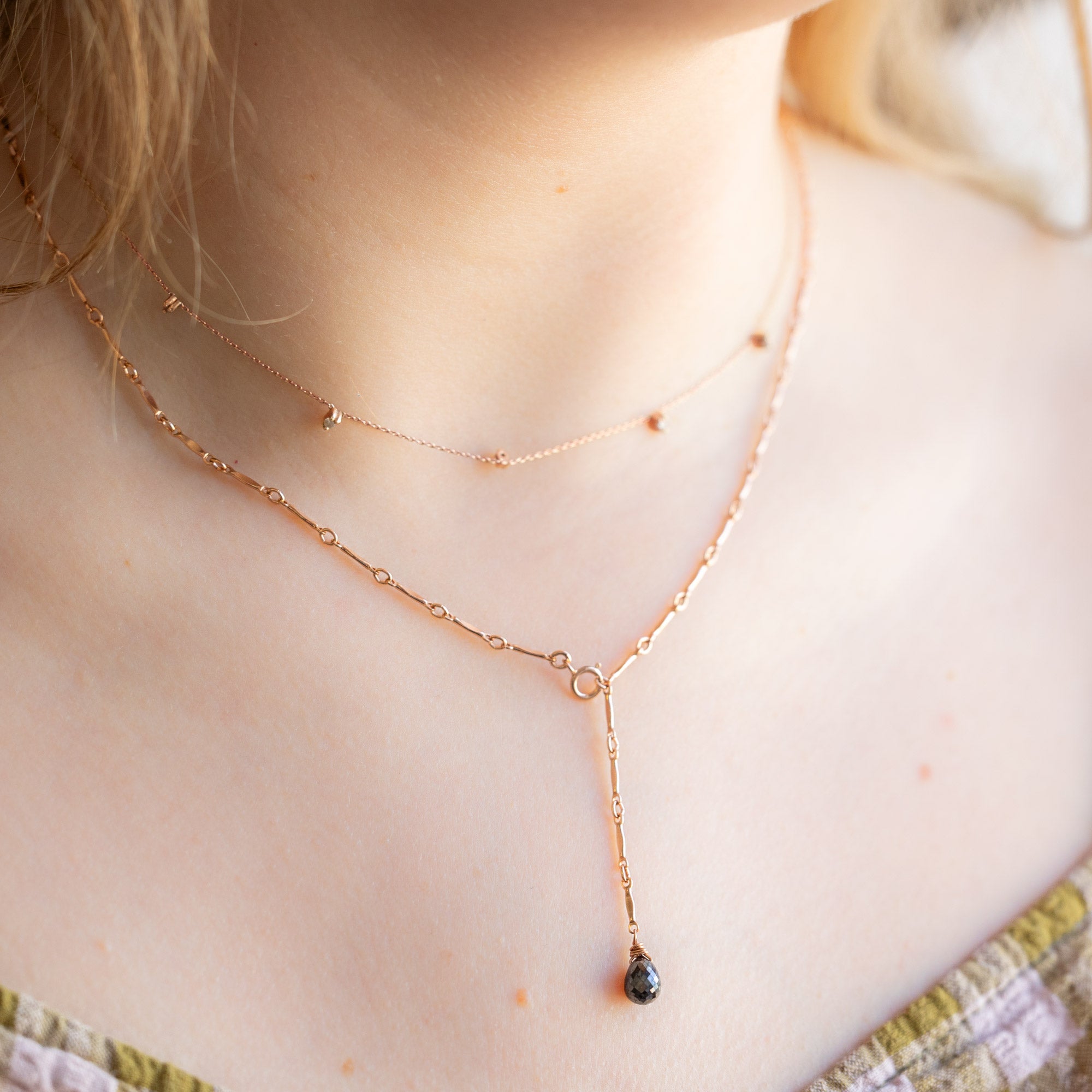 The Bar Chain Briolette Black Diamond Lariat Necklace | Yellow or Rose Gold