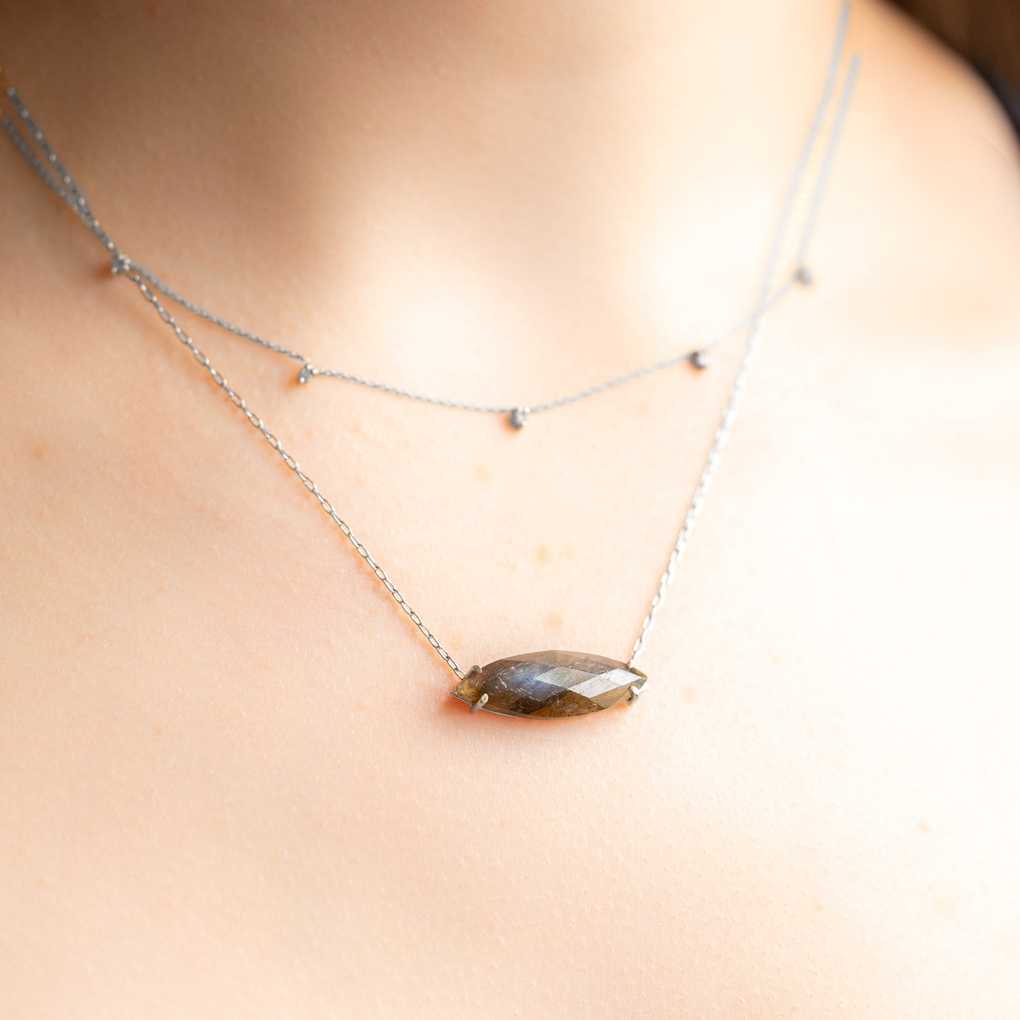 buy:the-diamond-sunburst-necklace-10k-white-gold,the-labradorite-marquise-necklace-sterling silver
