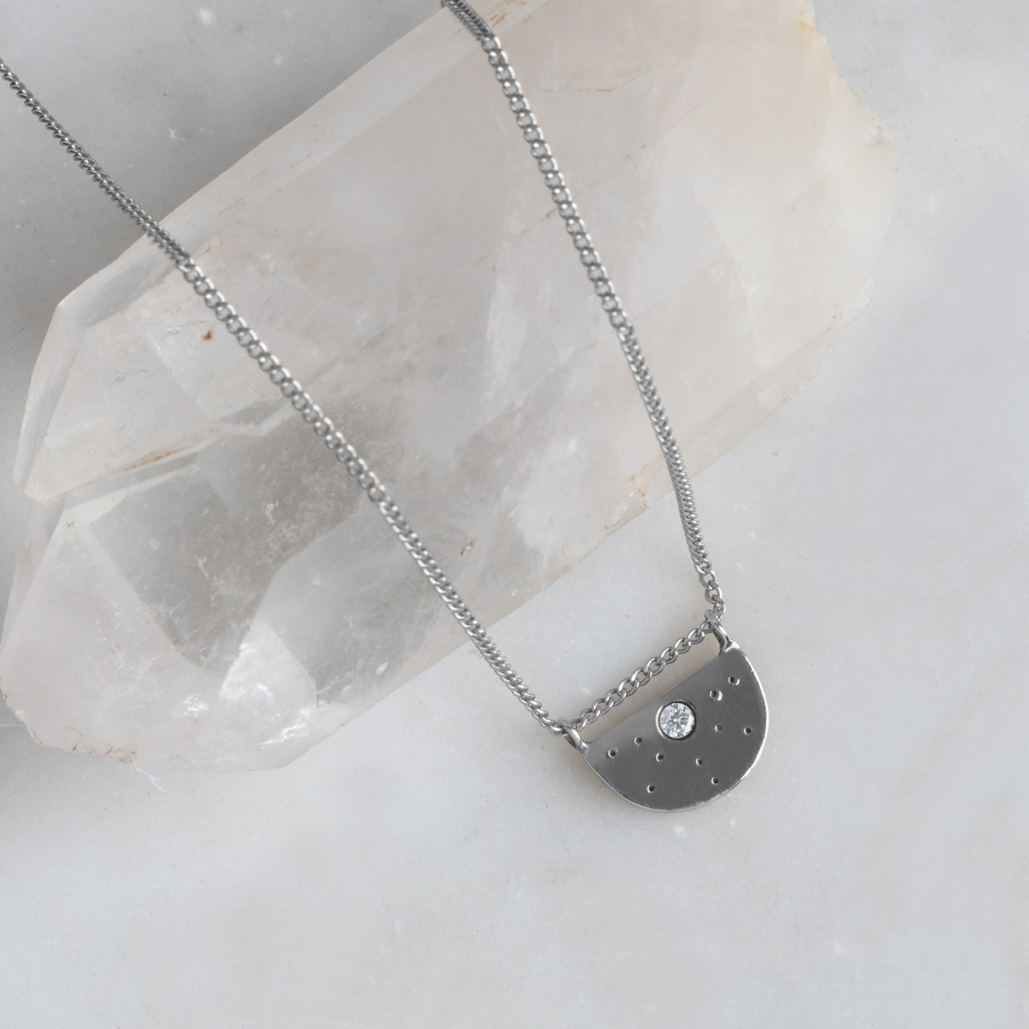 The White Diamond Half Moon Stardust Necklace | Yellow, Rose or Sterling Silver