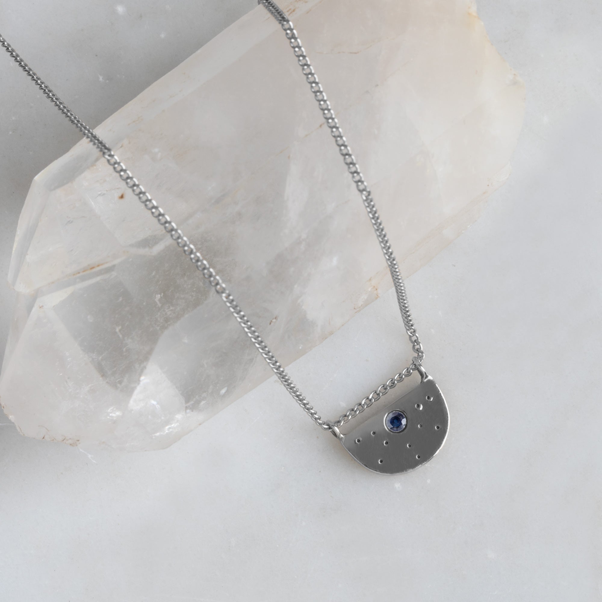 The Blue Sapphire Half Moon Stardust Necklace | Yellow, Rose or Sterling Silver