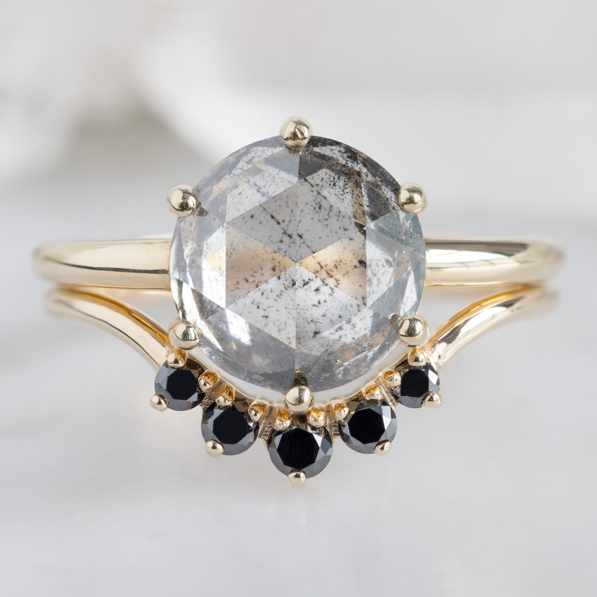 Round Black Diamond Sunburst Stacking Band | Yellow, Rose or White Gold