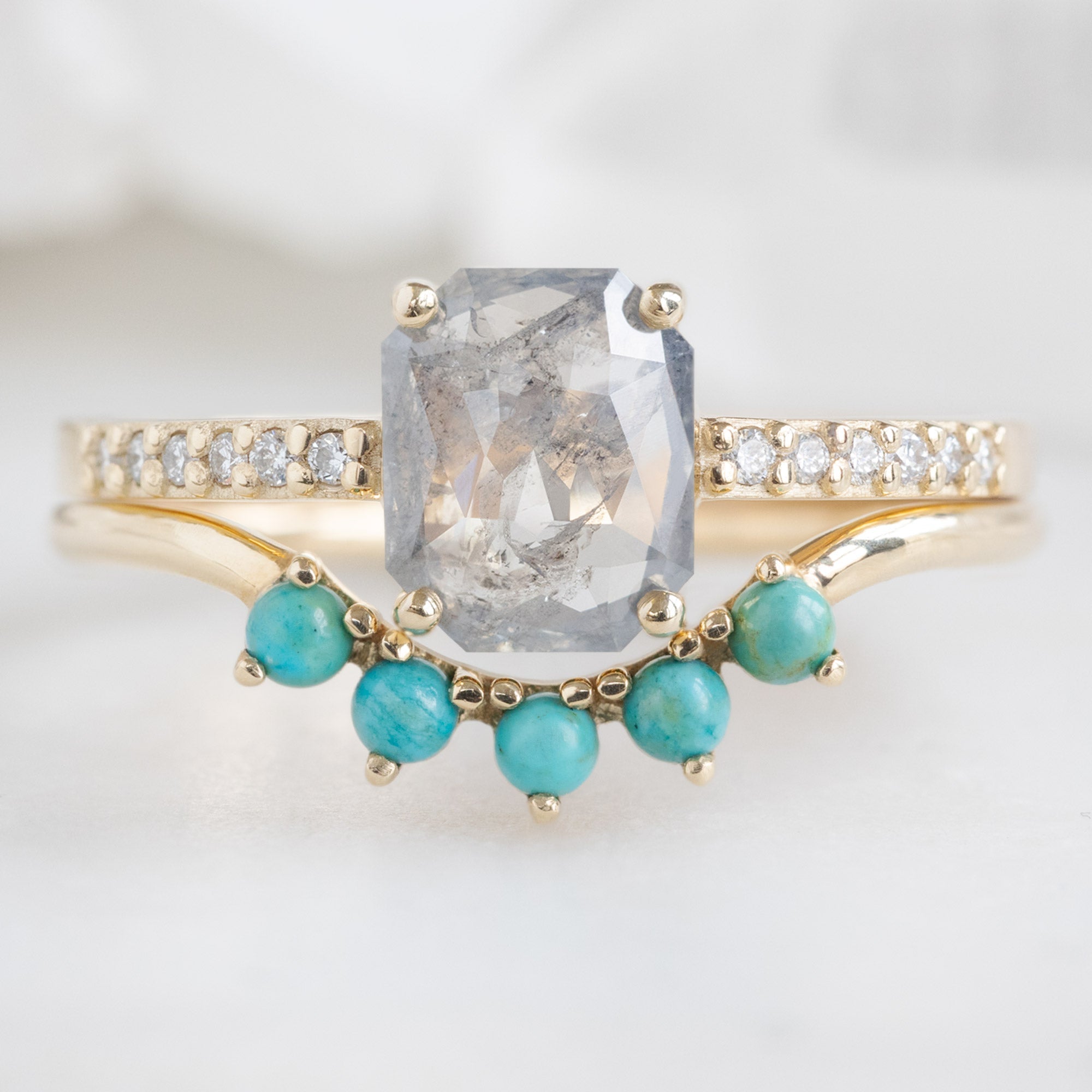 Round Turquoise Sunburst Stacking Band | Yellow, Rose or White Gold