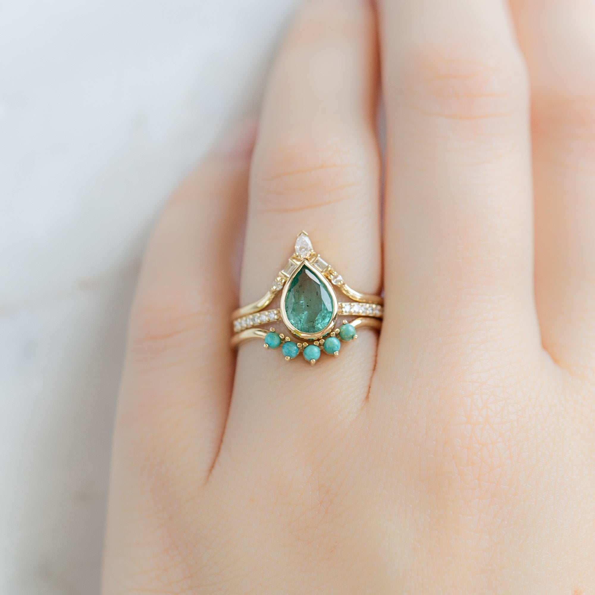 Round Turquoise Sunburst Stacking Band | Yellow, Rose or White Gold