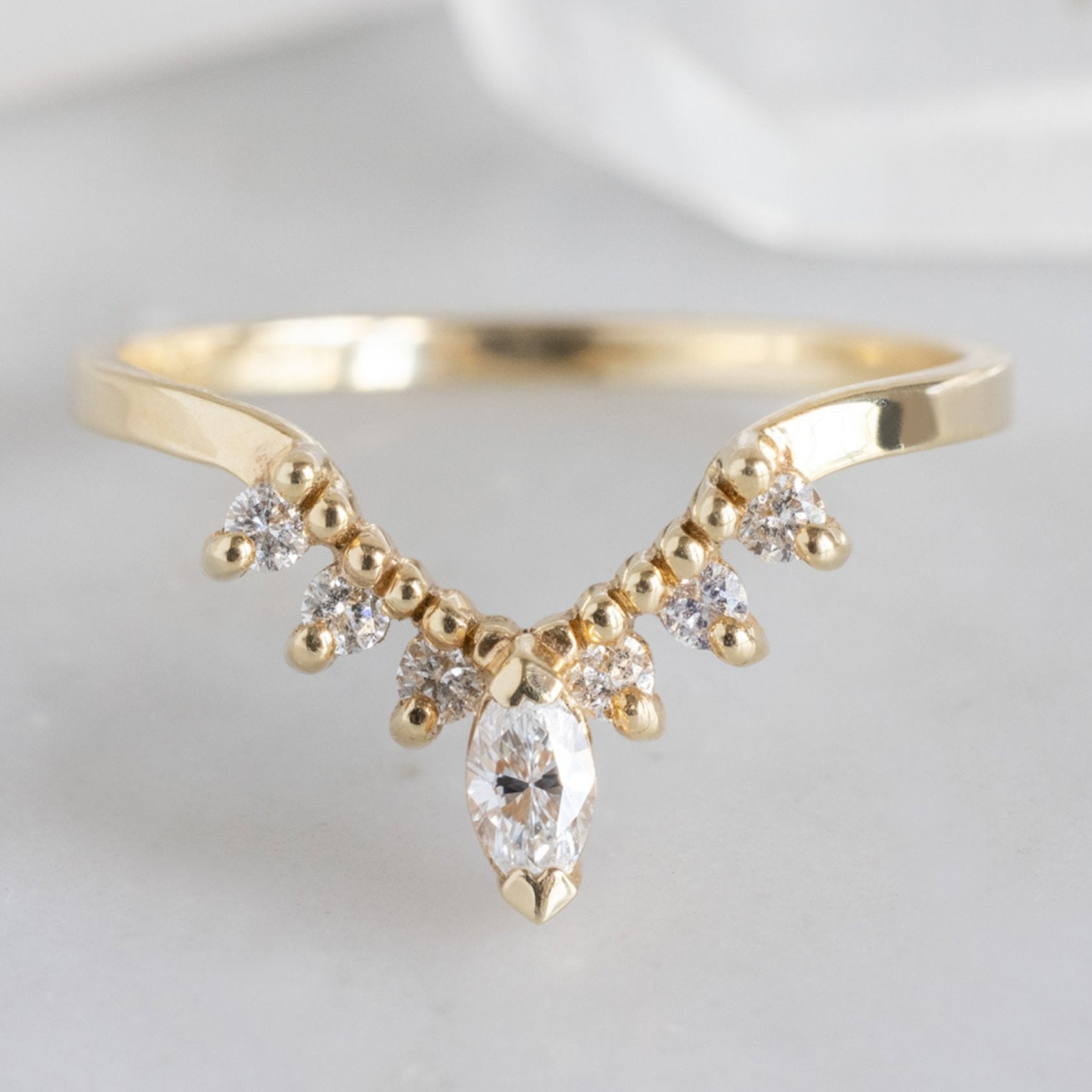 White Diamond Marquise Sunburst Stacking Band | Yellow, Rose or White Gold