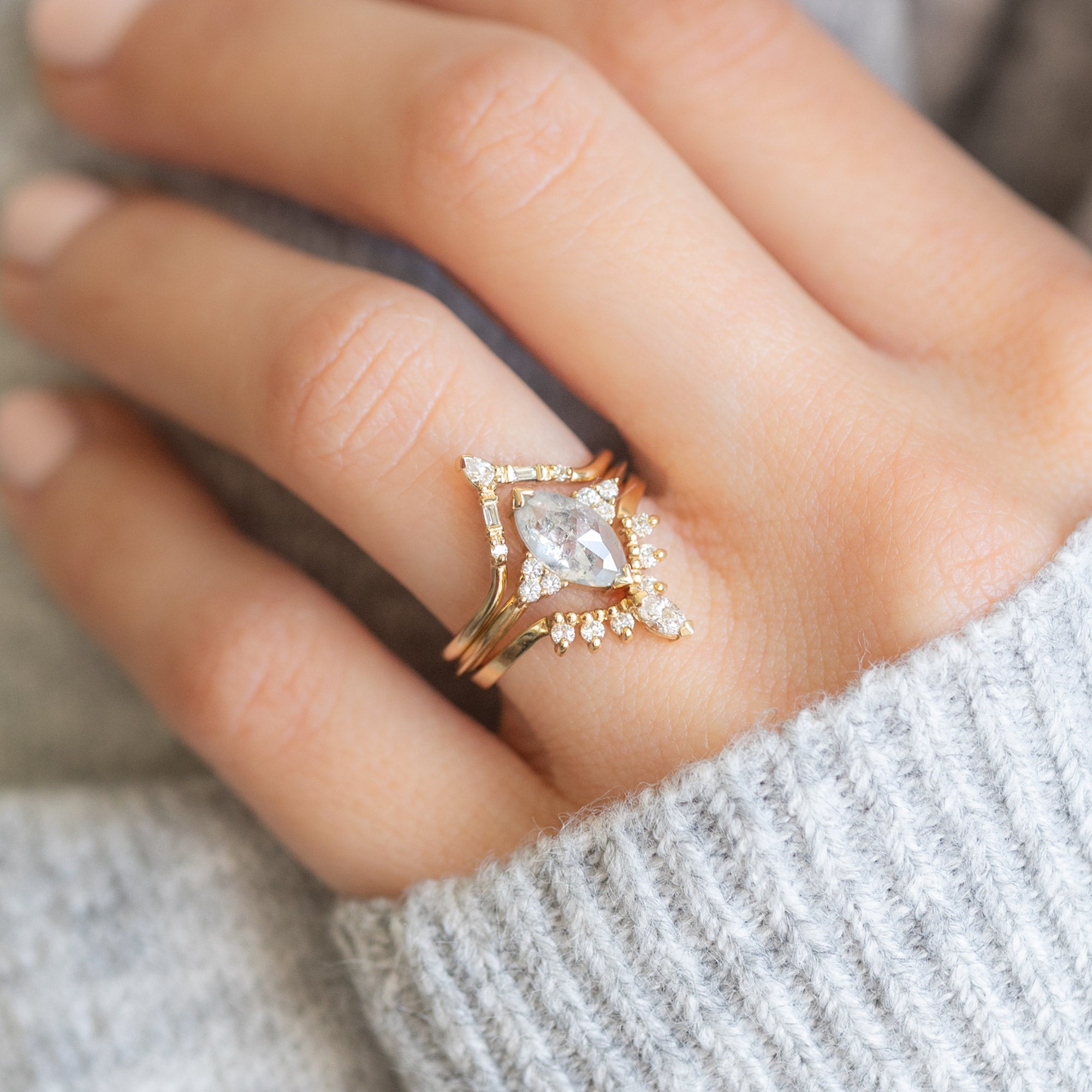 White Diamond Marquise Sunburst Stacking Band | Yellow, Rose or White Gold