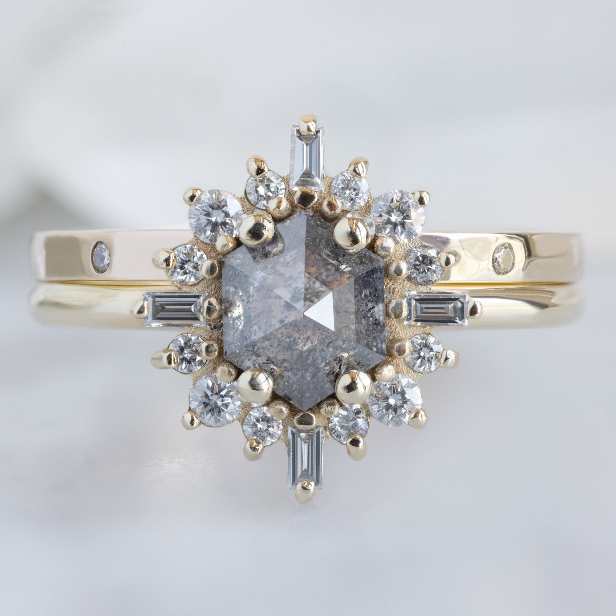 Salt and Pepper Diamond Eternity Band in 14K Yellow Gold Stacked with Salt and Pepper Hexagon Diamond Engagement Ring