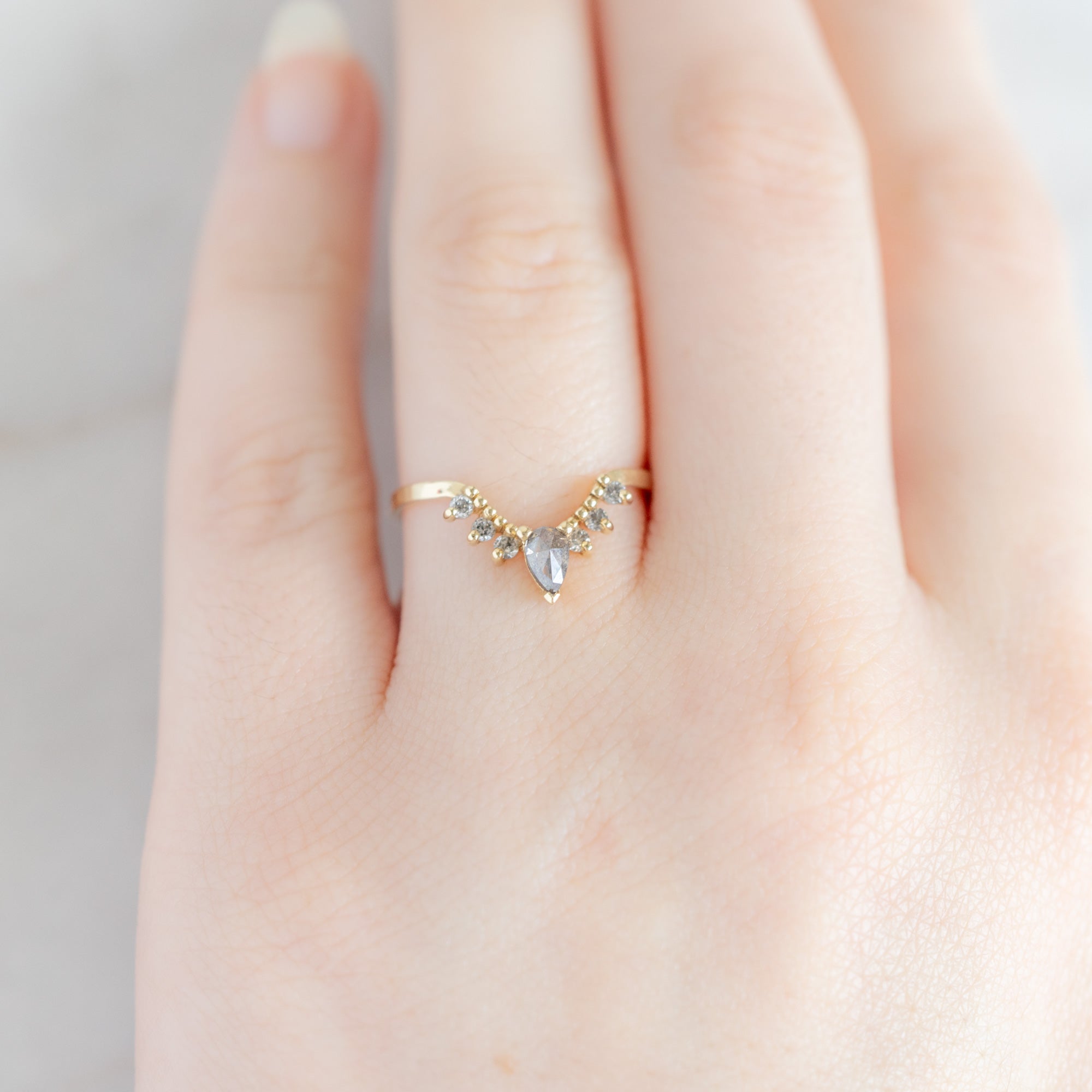 Salt and Pepper Diamond Sunburst Stacking Band in 14K Yellow Gold on Model