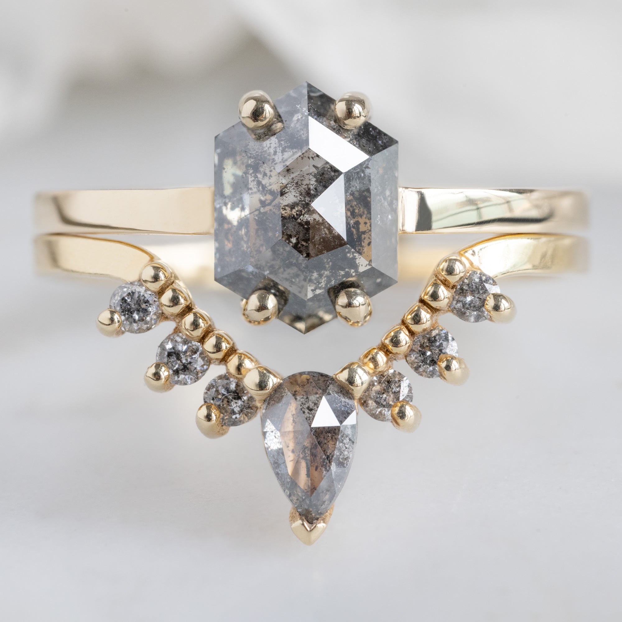 Salt and Pepper Diamond Sunburst Stacking Band in 14K Yellow Gold Stacked with Salt and Pepper Hexagon Diamond Engagement Ring