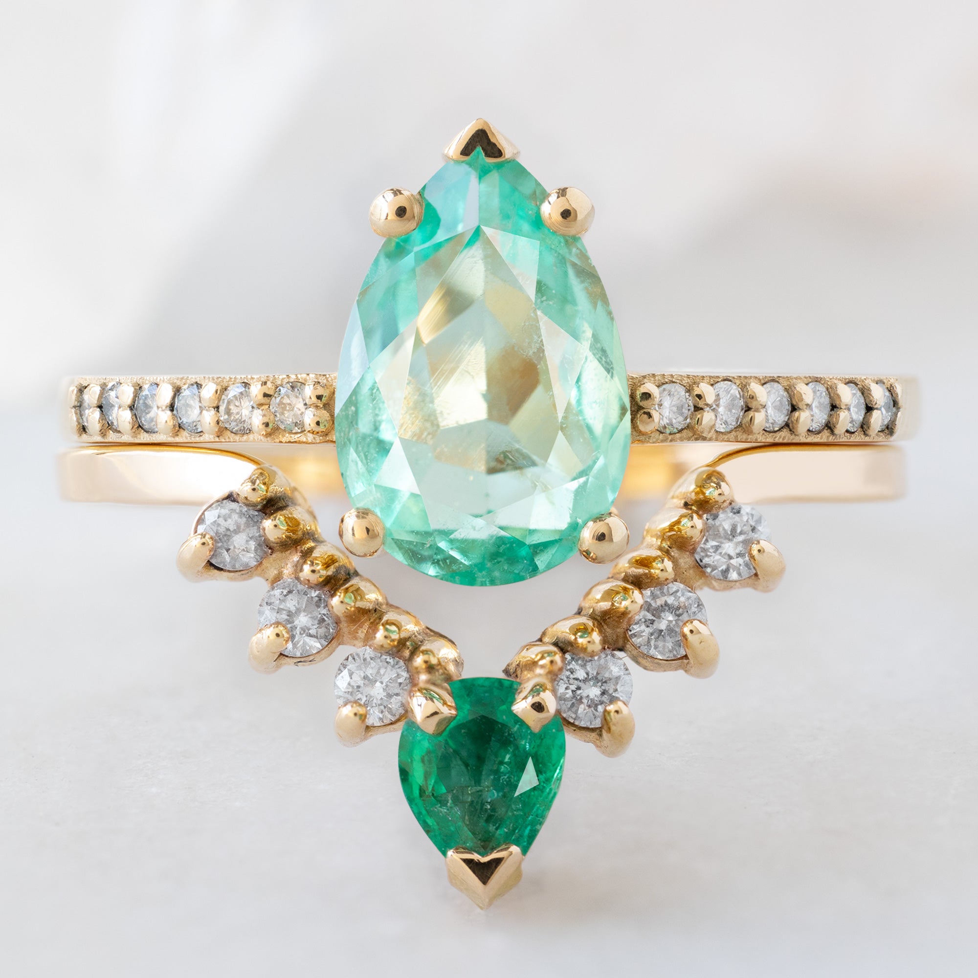 Emerald + White Diamond Sunburst Stacking Band | Yellow, Rose or White Gold