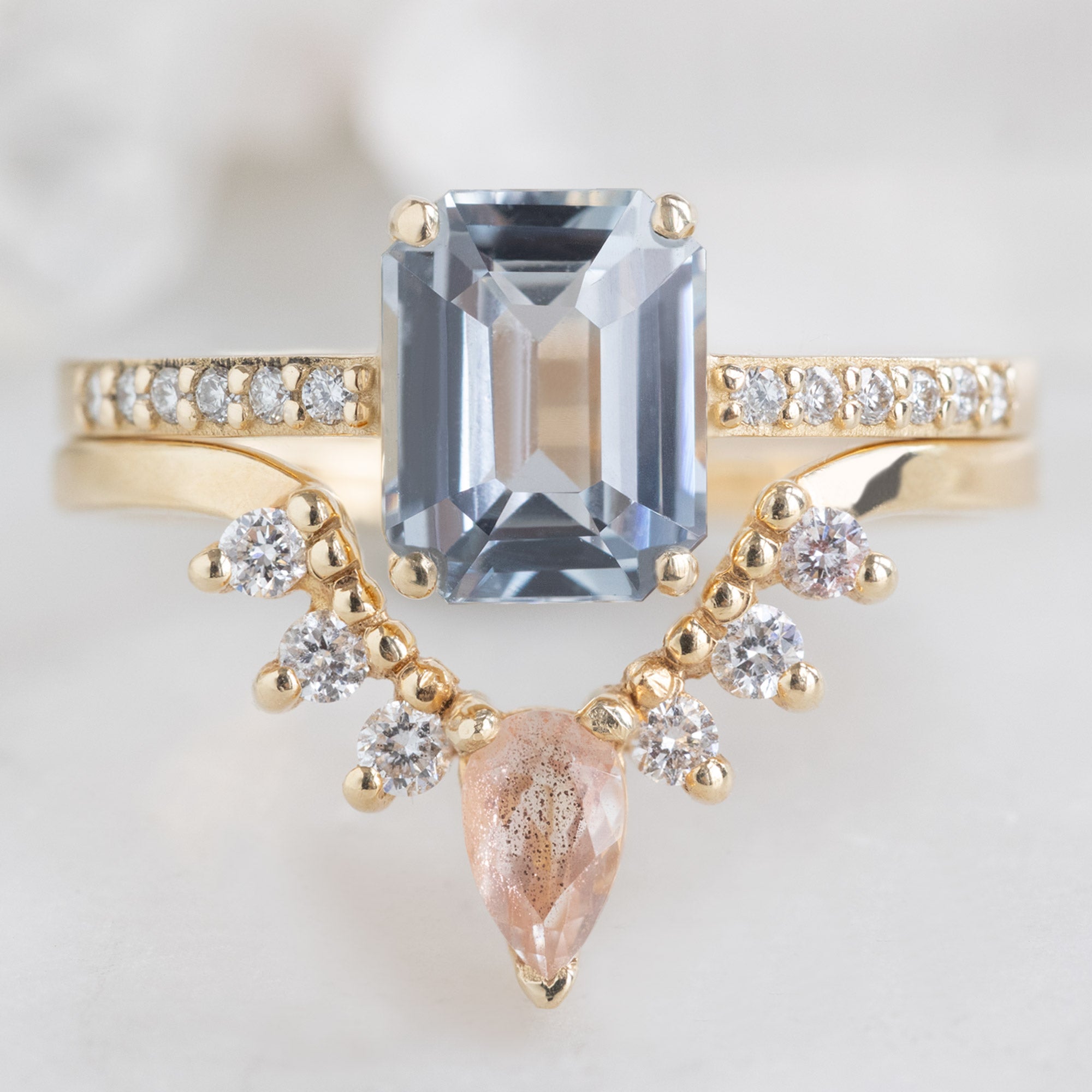 One of a Kind Sunstone and White Diamond Sunburst Stacking Band in 14K Yellow Gold Stacked with Tanzanite Gemstone Engagement Ring