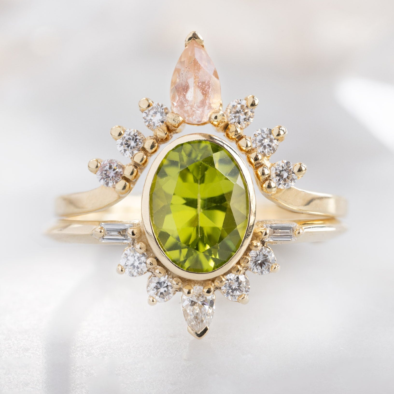One of a Kind Sunstone and White Diamond Sunburst Stacking Band in 14K Yellow Gold Stacked with Peridot Gemstone Engagement Ring