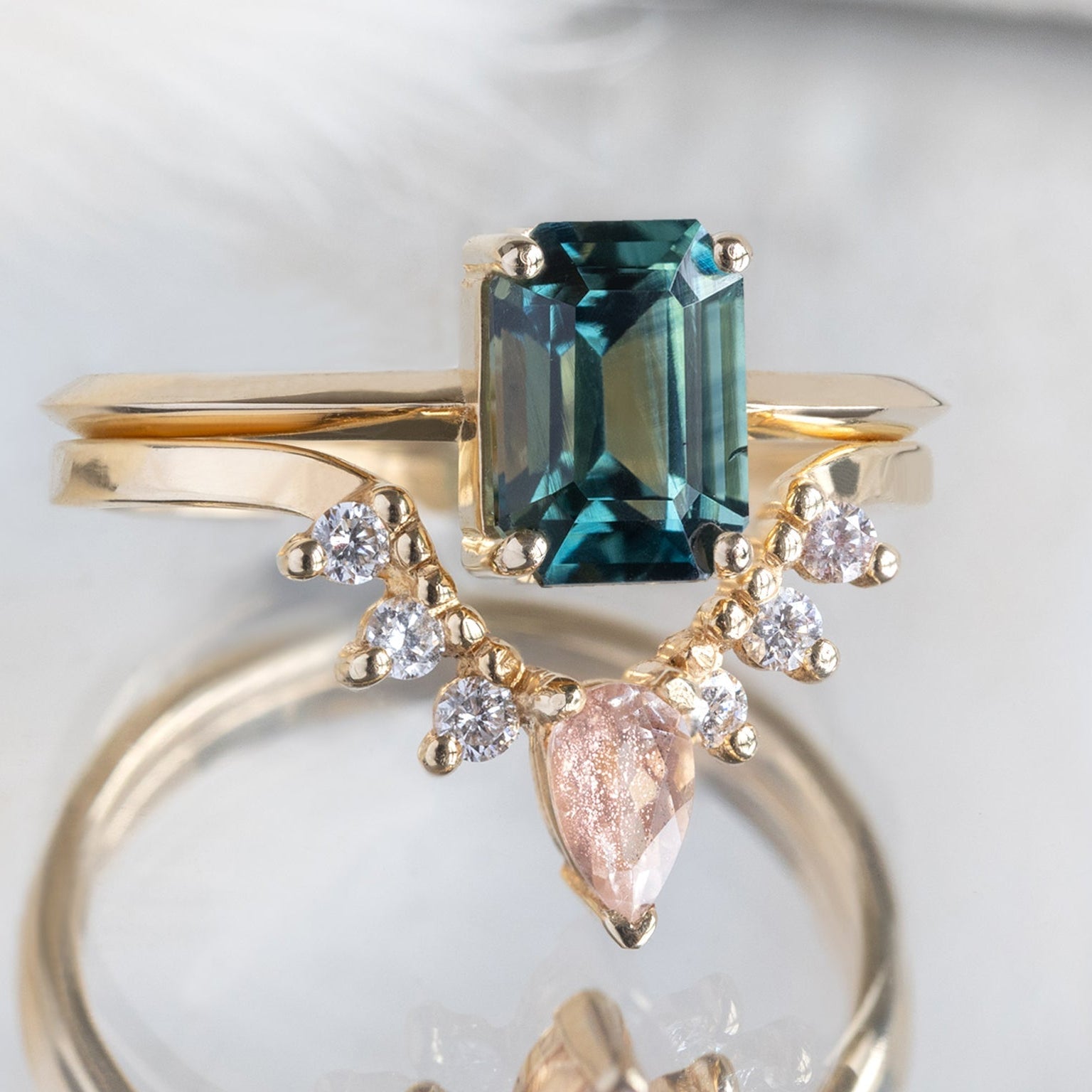 One of a Kind Sunstone and White Diamond Sunburst Stacking Band in 14K Yellow Gold Stacked with Sapphire Gemstone Engagement Ring