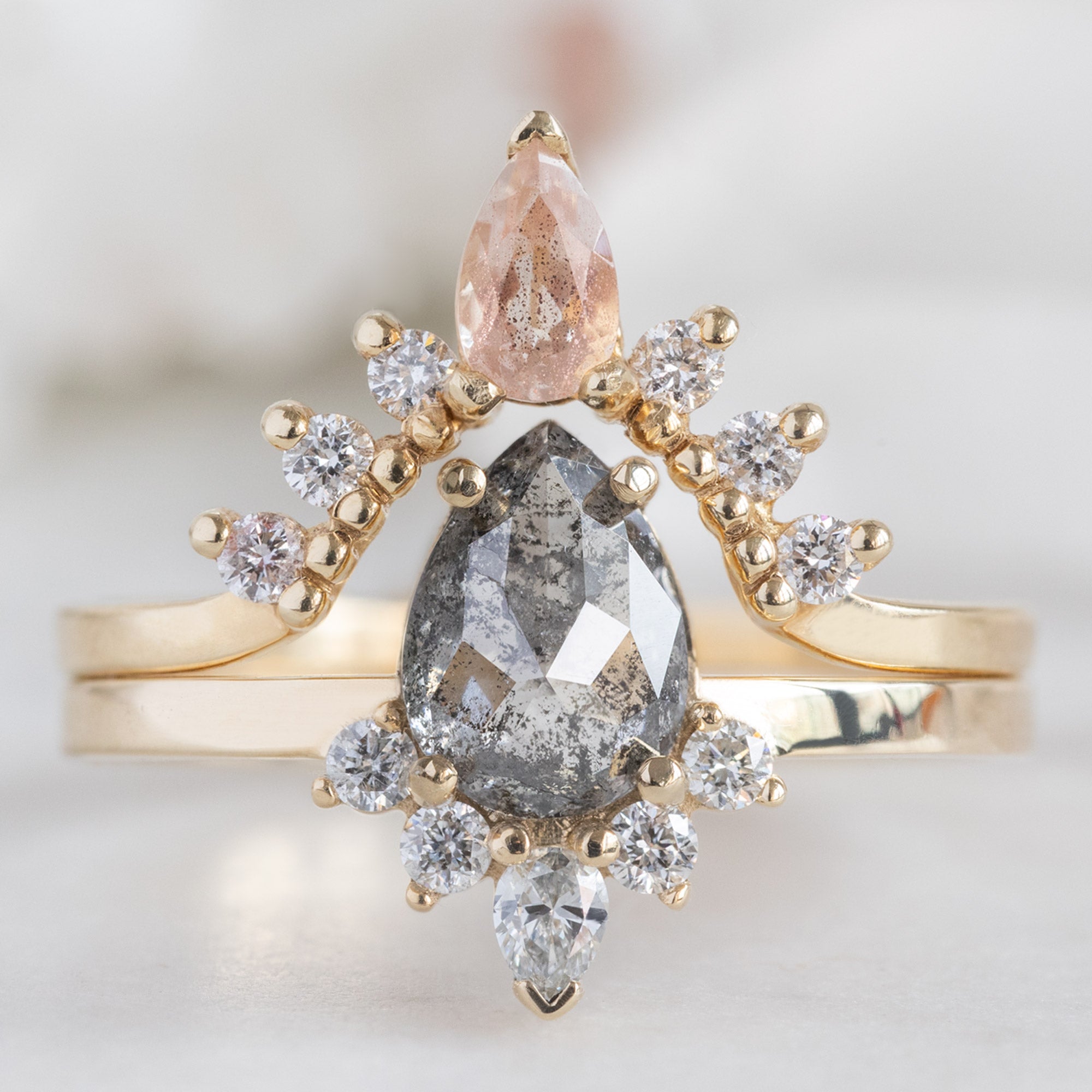 One of a Kind Sunstone and White Diamond Sunburst Stacking Band in 14K Yellow Gold Stacked with Grey Diamond Engagement Ring
