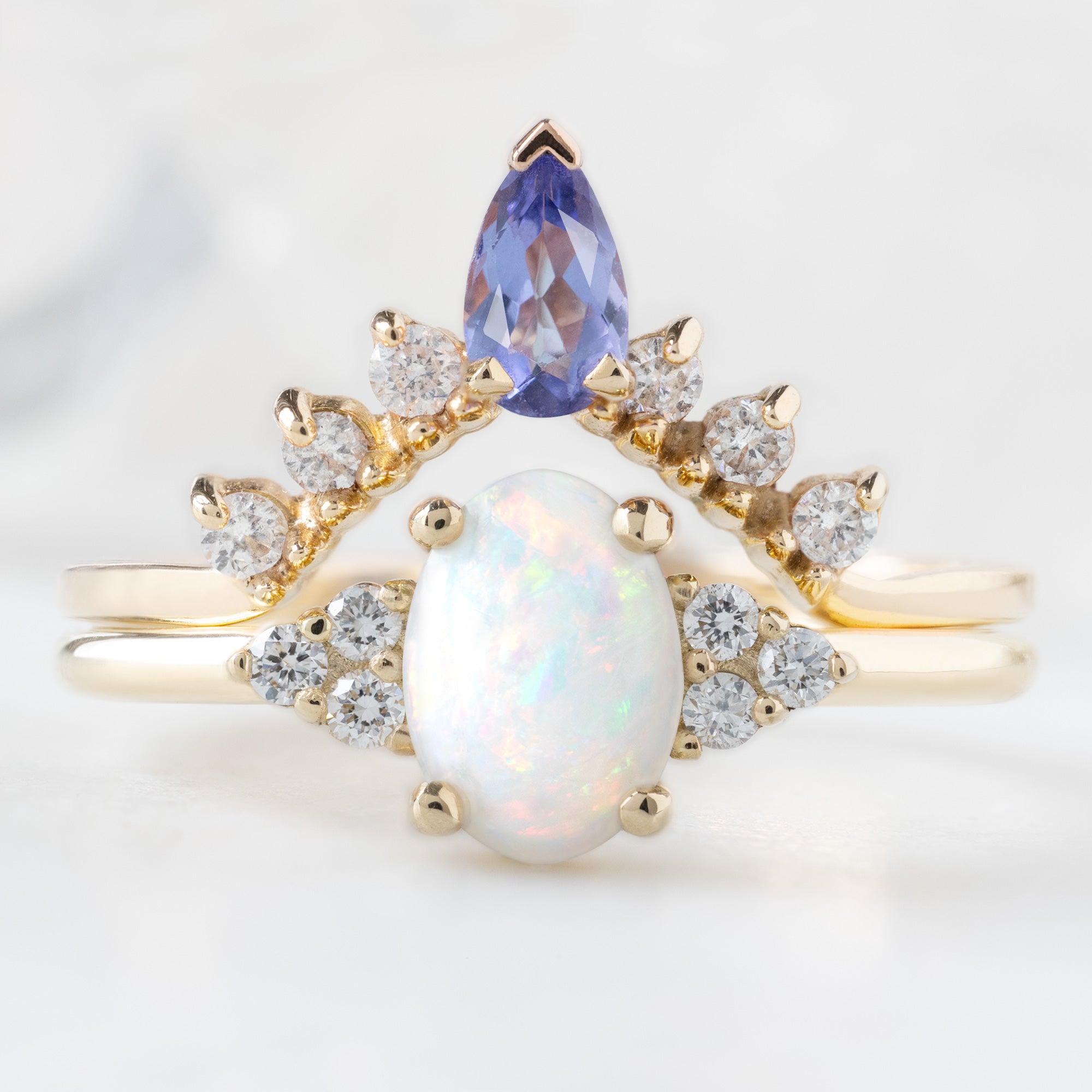 Tanzanite + White Diamond Sunburst Stacking Band | Yellow, Rose or White Gold