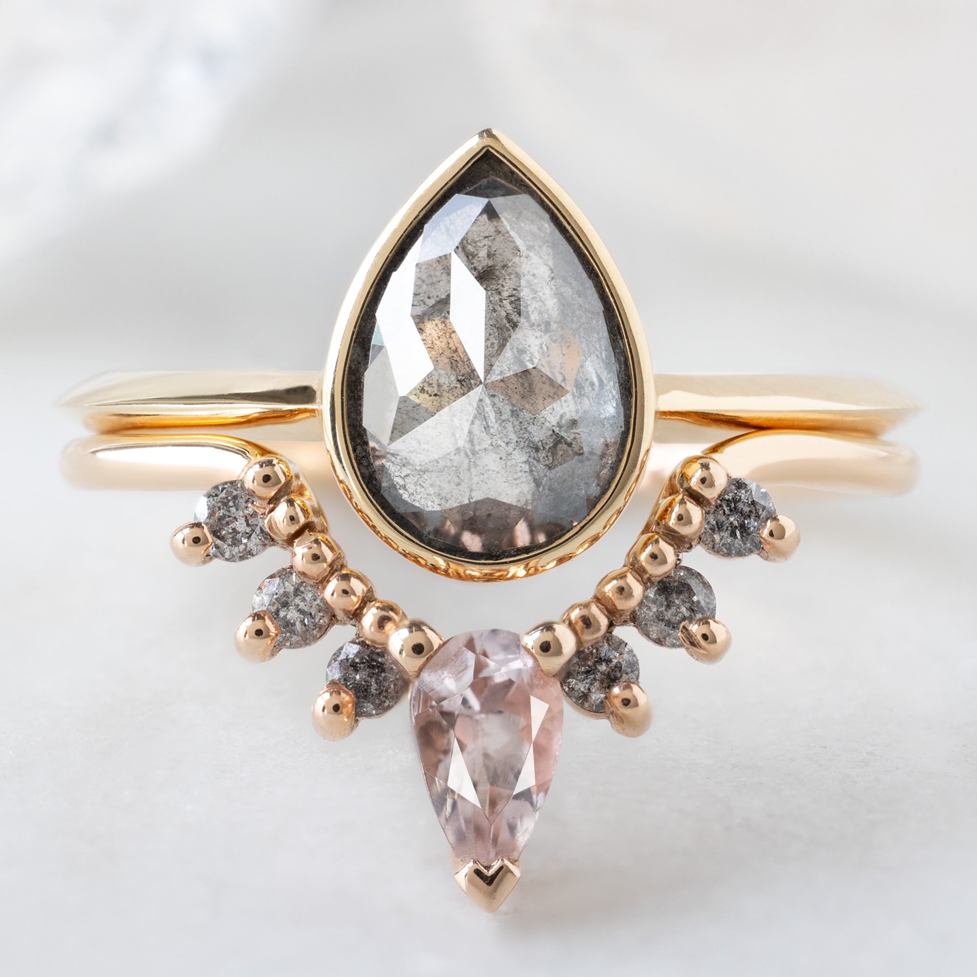 Morganite + Salt and Pepper Diamond Sunburst Stacking Band | Yellow, Rose or White Gold