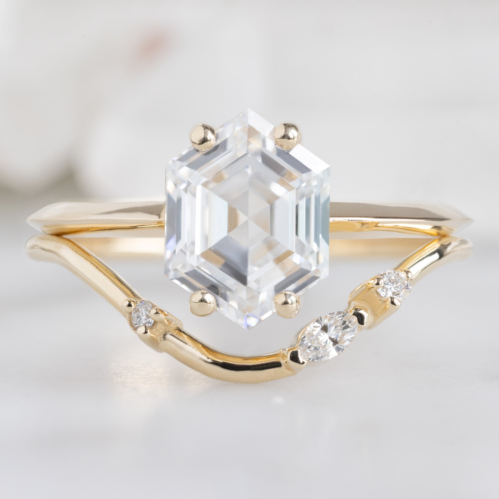 Asymmetrical Marquise Diamond Arc Stacking Band in 14K Yellow Gold Stacked with the White Diamond Hexagon Engagement Ring