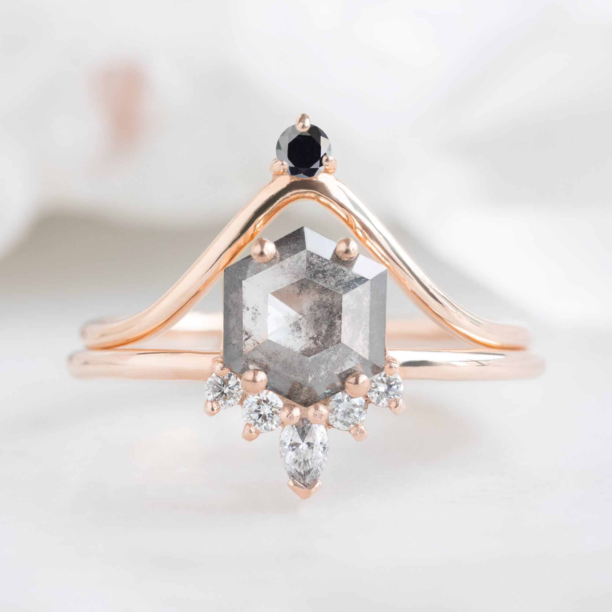 Black Diamond Crown Stacking Band in 14K Rose Gold Stacked with a Salt and Pepper Hexagon Diamond Engagement Ring