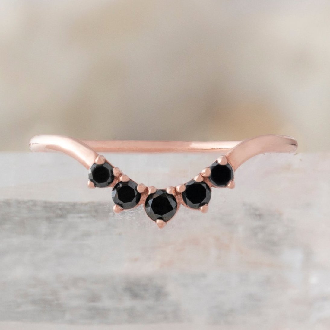 Round Black Diamond Sunburst Stacking Band | Yellow, Rose or White Gold
