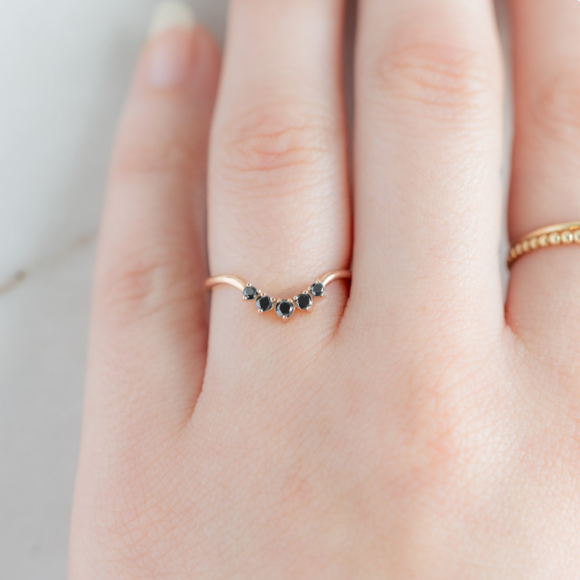 Round Black Diamond Sunburst Stacking Band | Yellow, Rose or White Gold