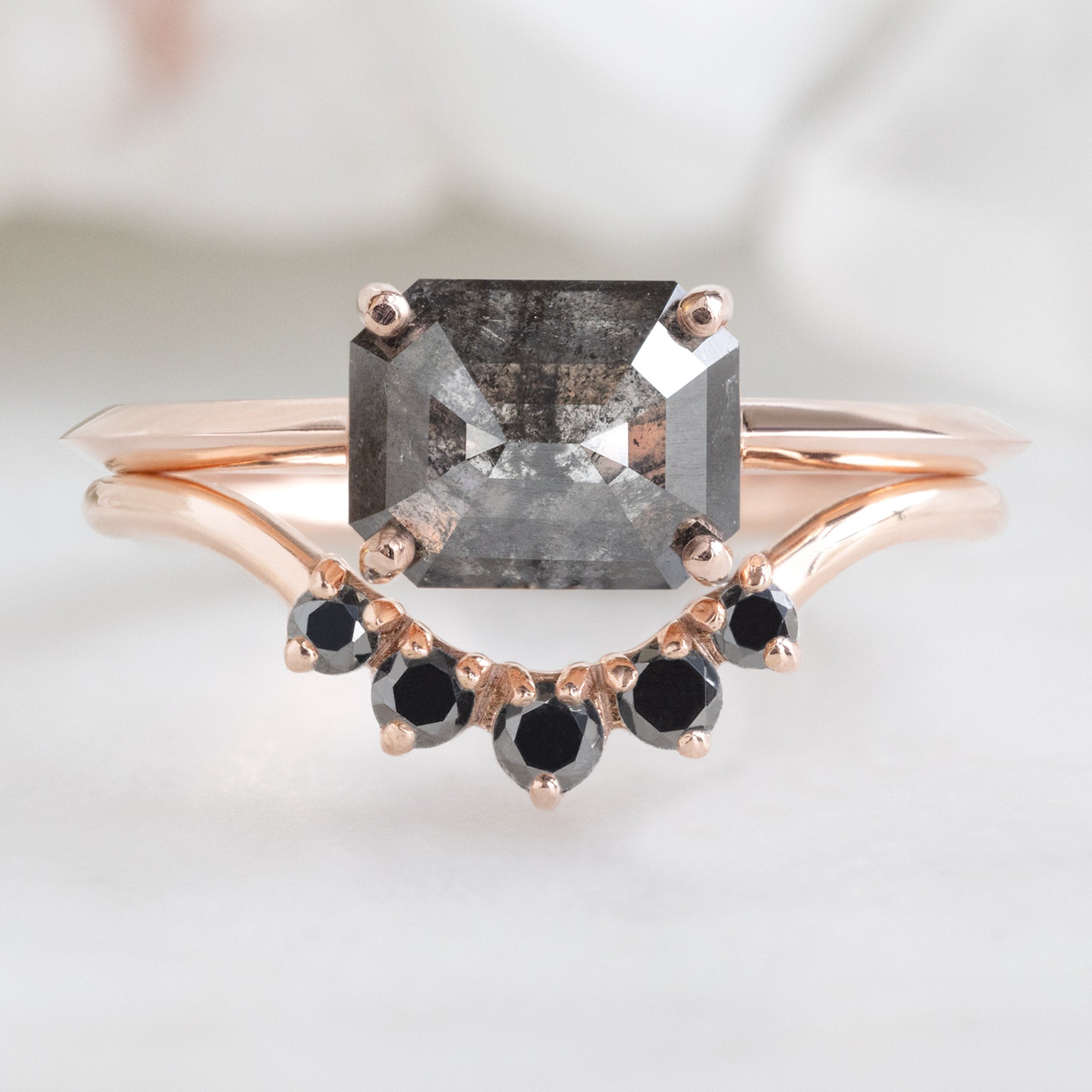 Round Black Diamond Sunburst Stacking Band | Yellow, Rose or White Gold