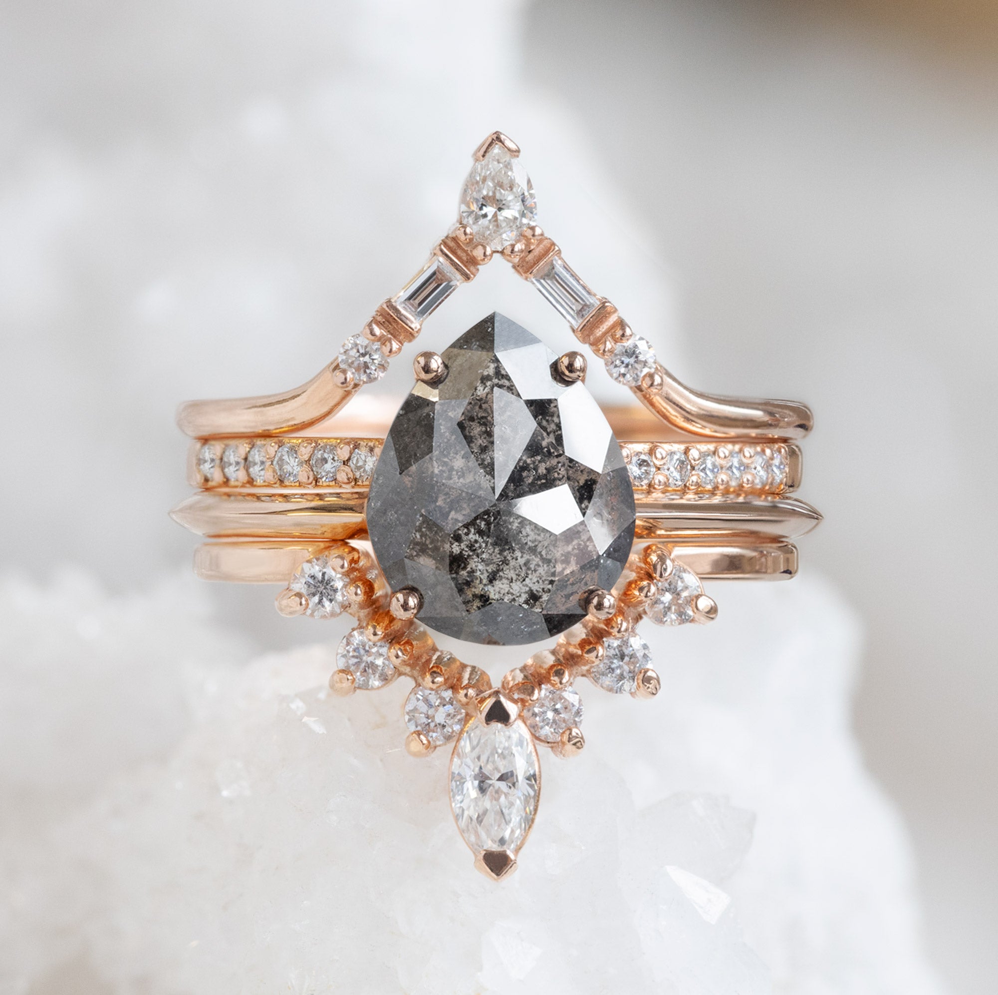 White Diamond Marquise Sunburst Stacking Band | Yellow, Rose or White Gold
