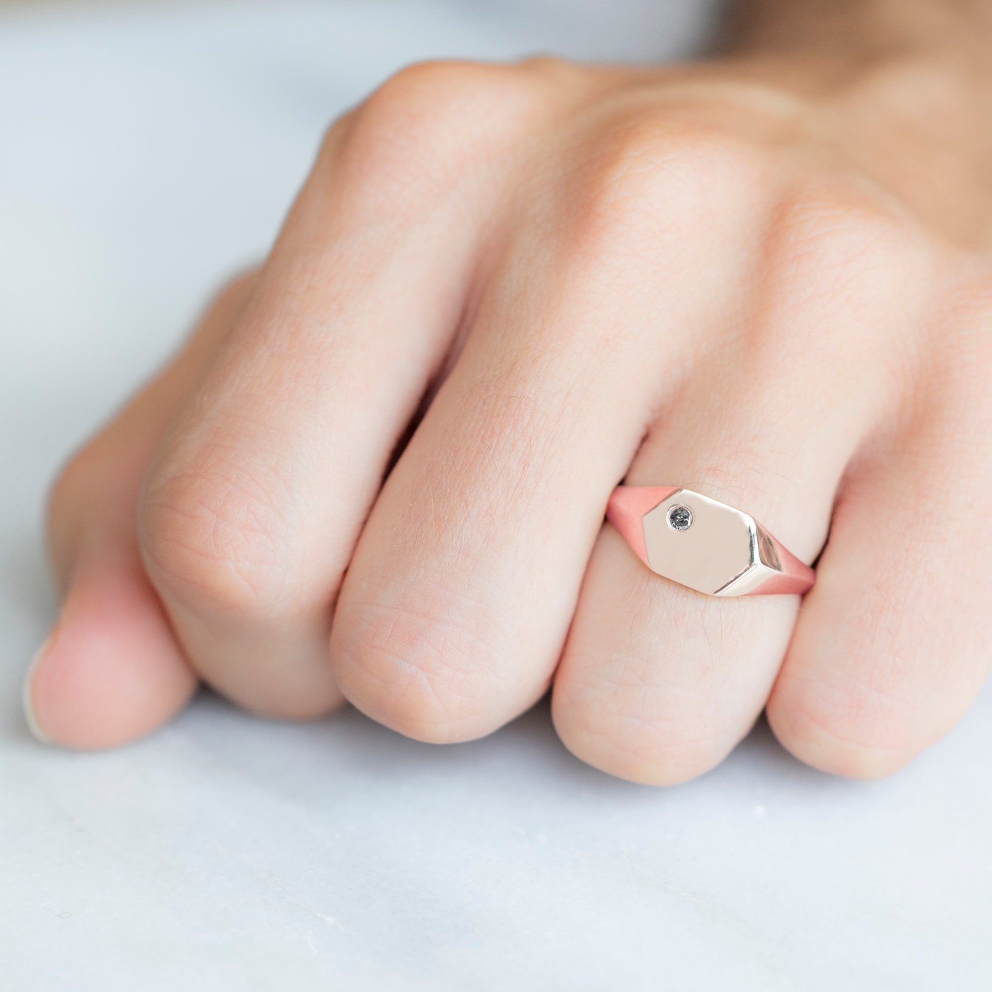 The Hexagon Salt and Pepper Diamond Signet Ring | Yellow, Rose or White Gold