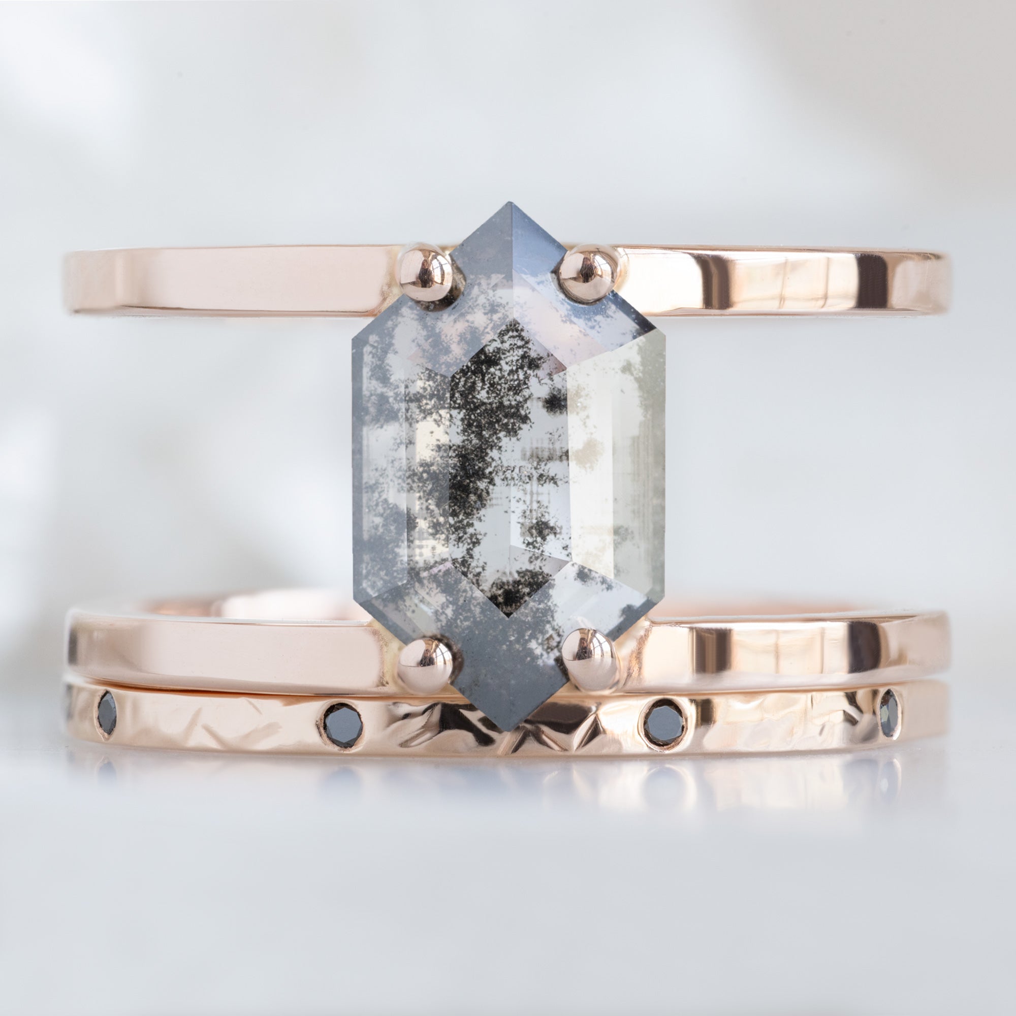 Black Diamond Eternity Band in 14K Rose Gold Stacked with Salt and Pepper Hexagon Double Band Engagement Ring