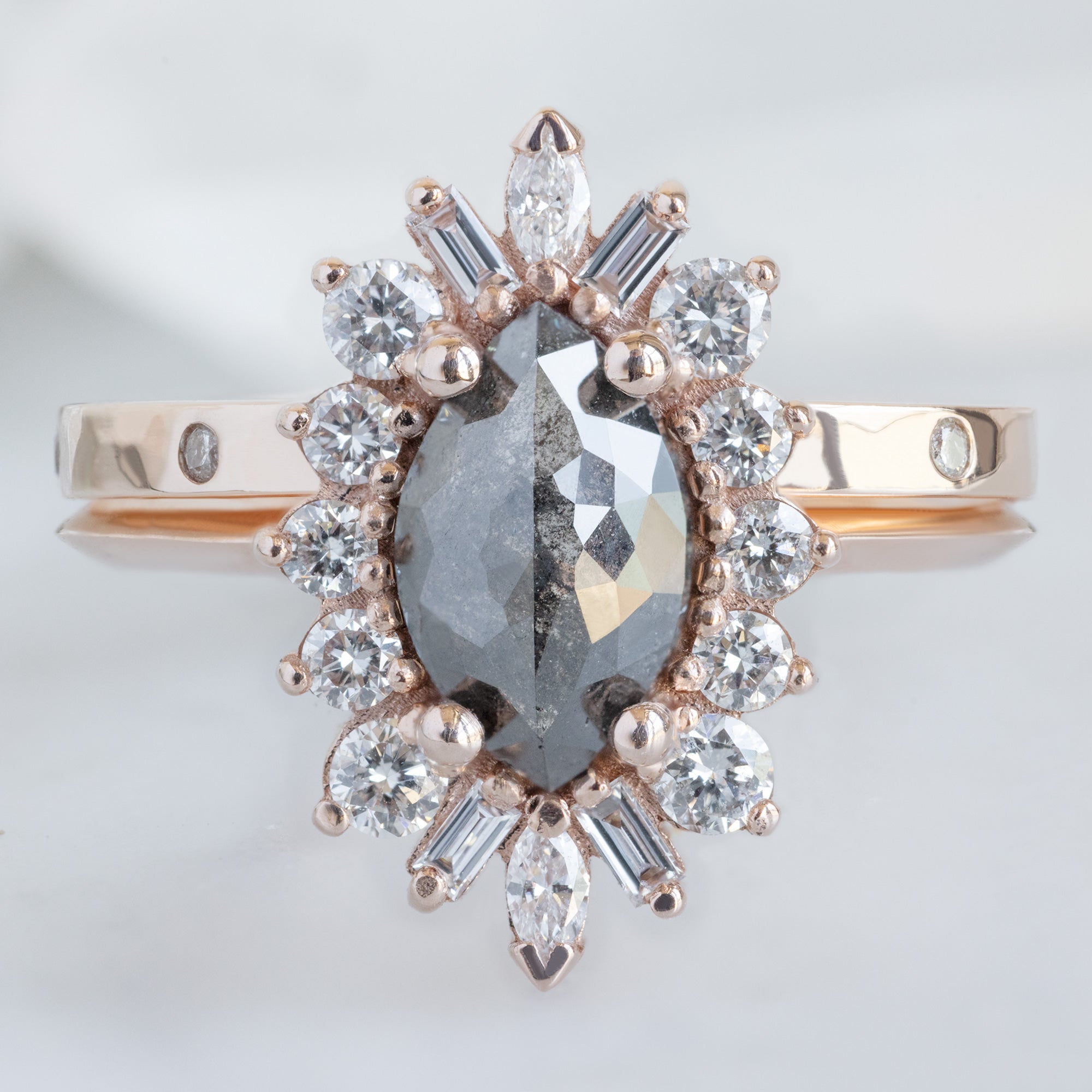 Salt and Pepper Diamond Eternity Band in 14K Yellow Gold Stacked with Black Marquise Diamond Engagement Ring