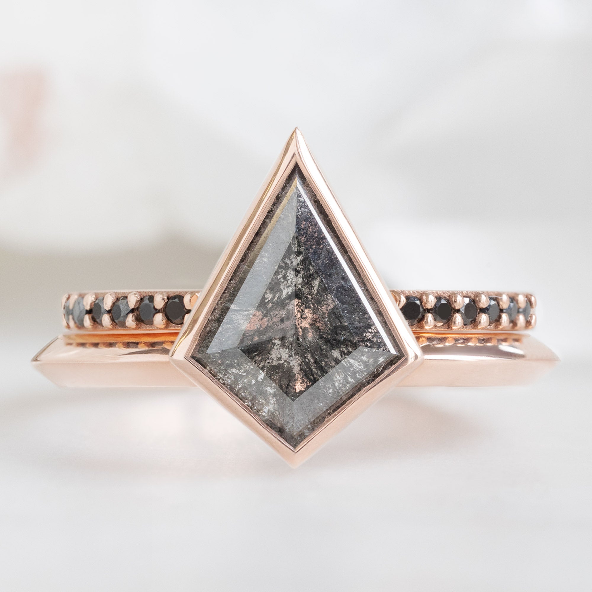 Open Cuff Black Diamond Pavé Stacking Band in 14K Rose Gold Stacked with Black Kite Diamond Engagement Ring