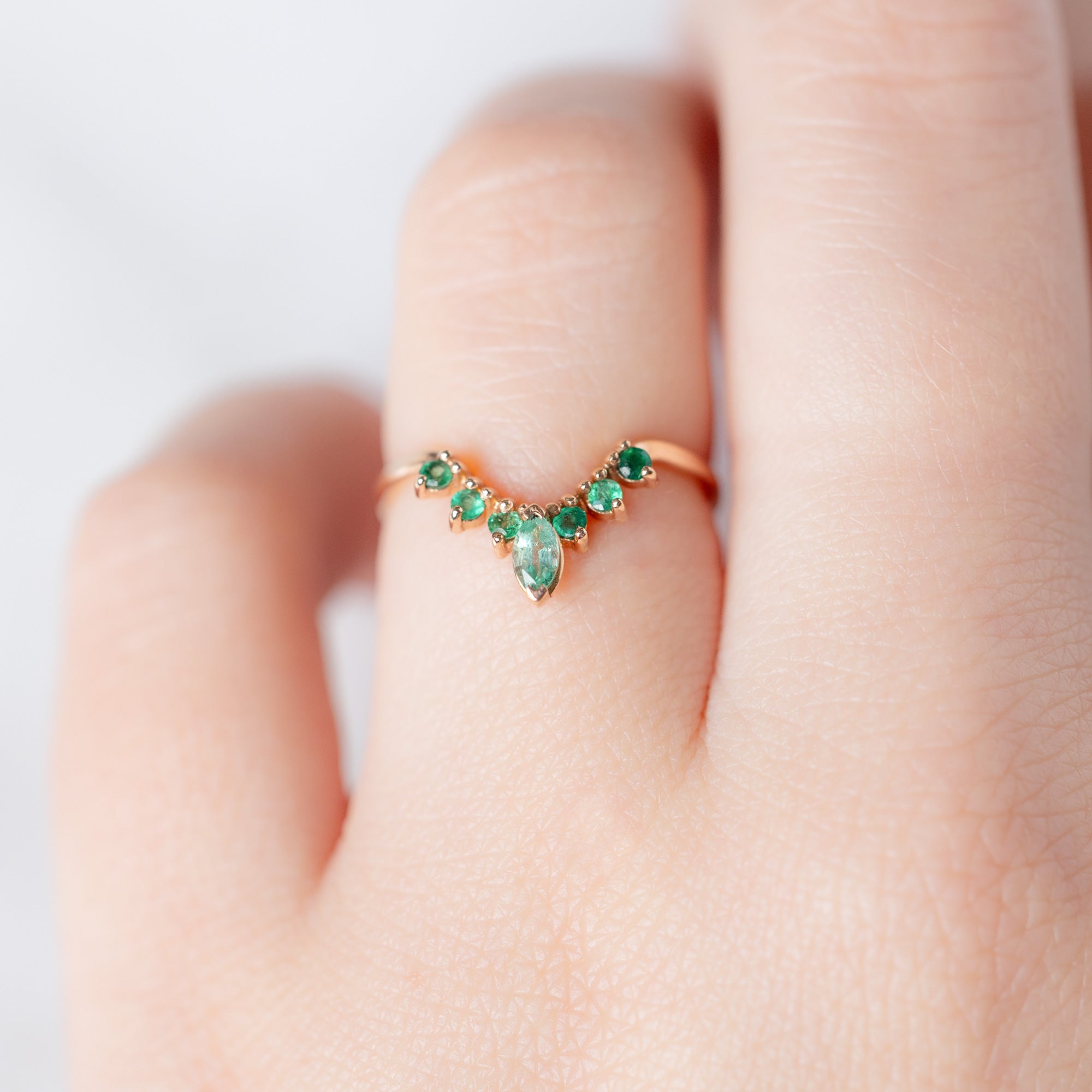 One of a Kind Marquise Emerald Sunburst Stacking Band in Yellow Gold  on Model
