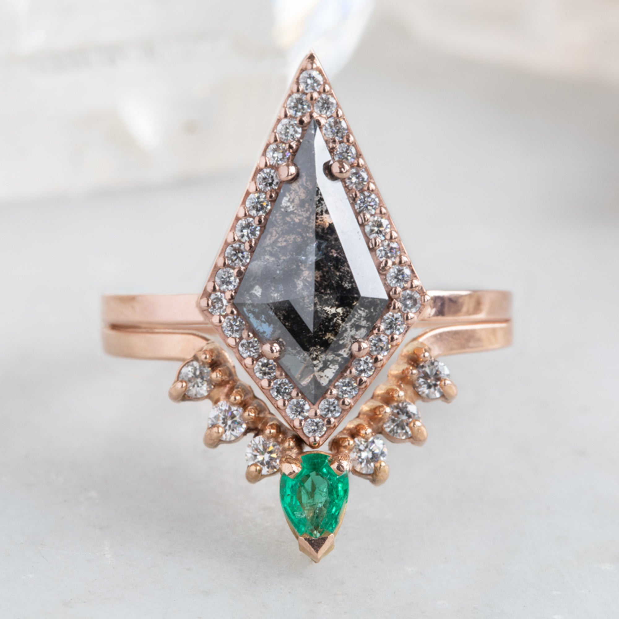 One of a Kind Emerald and White Diamond Sunburst Stacking Band in 14K Rose Gold Stacked with Diamond Engagement Ring