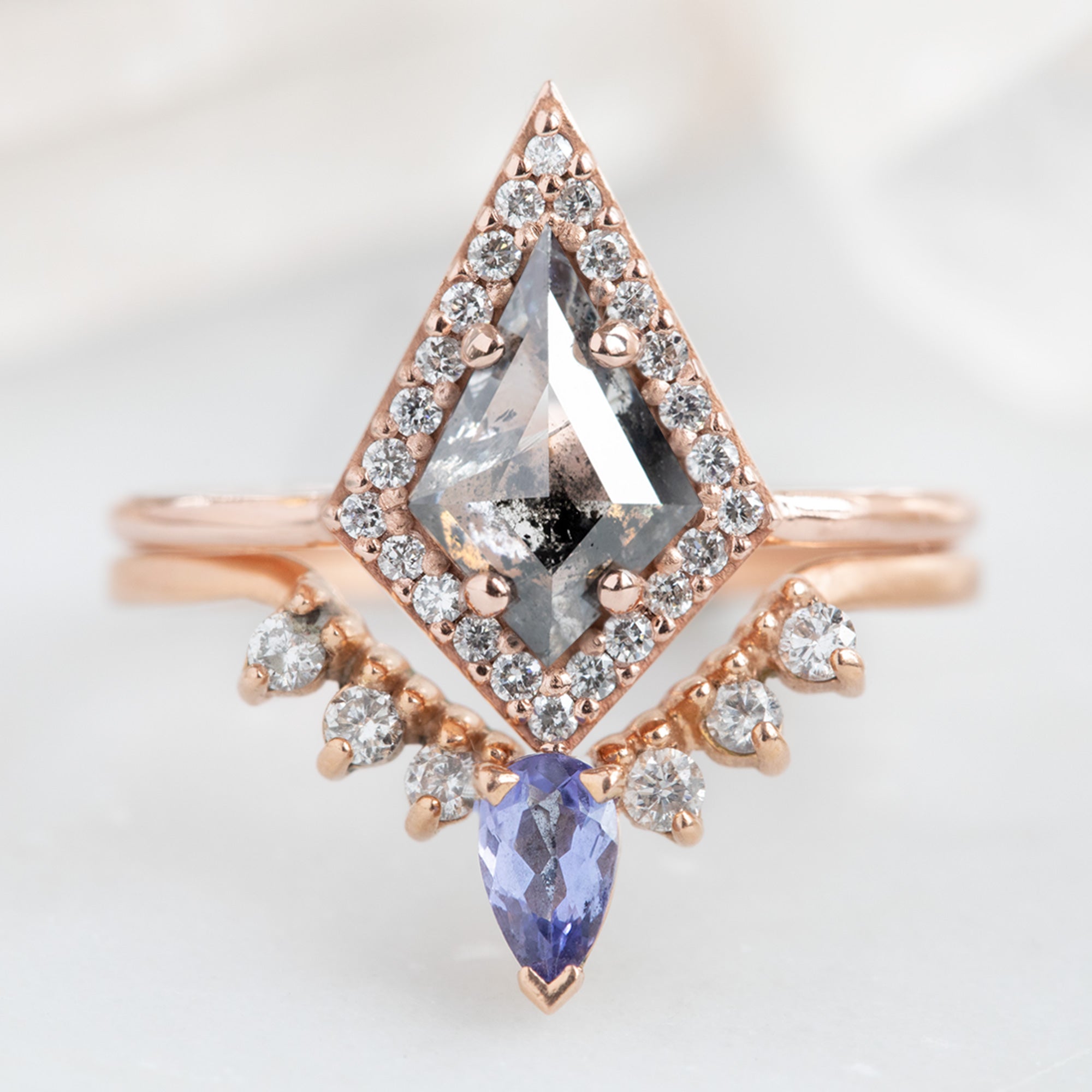 One of a Kind Tanzanite and White Diamond Sunburst Stacking Band in 14K Rose Gold Stacked with Salt and Pepper Kite Diamond Engagement Ring