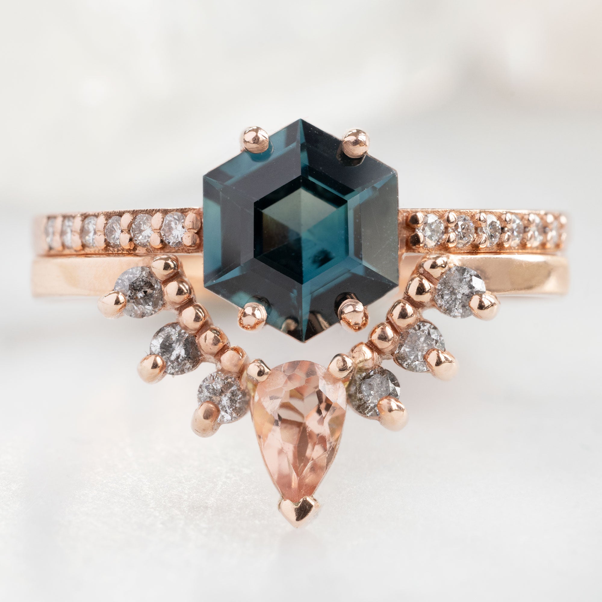 One of a Kind Sunstone and Salt and Pepper Diamond Sunburst Stacking Band in 14K Rose Gold Stacked with Sapphire Gemstone Engagement Ring