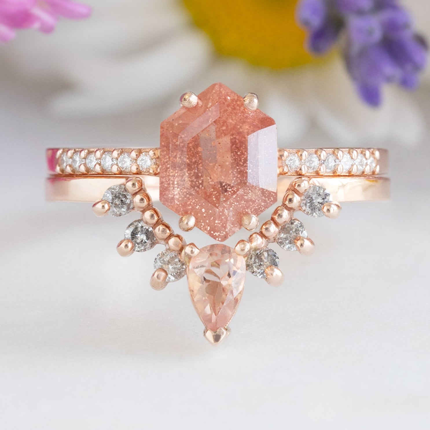 One of a Kind Sunstone and Salt and Pepper Diamond Sunburst Stacking Band in 14K Rose Gold Stacked with Sunstone Hexagon Gemstone Engagement Ring
