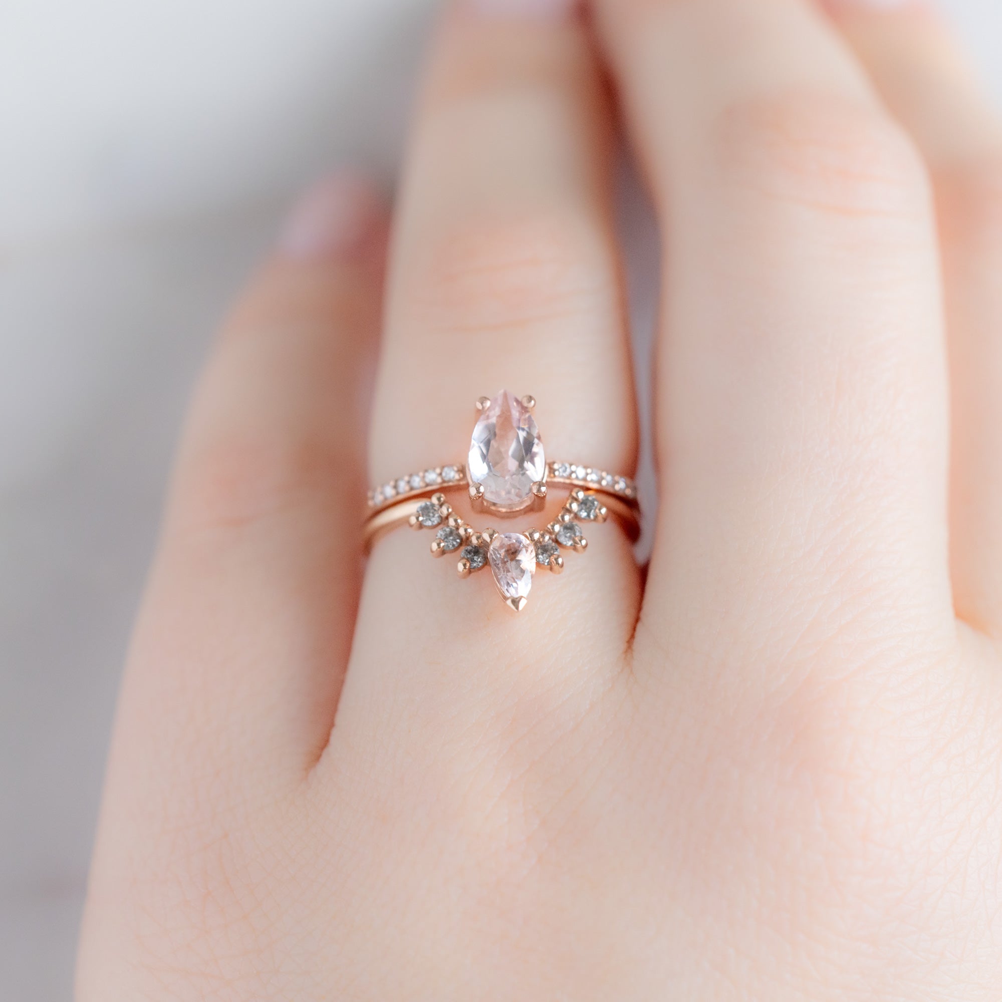 Morganite + Salt and Pepper Diamond Sunburst Stacking Band | Yellow, Rose or White Gold