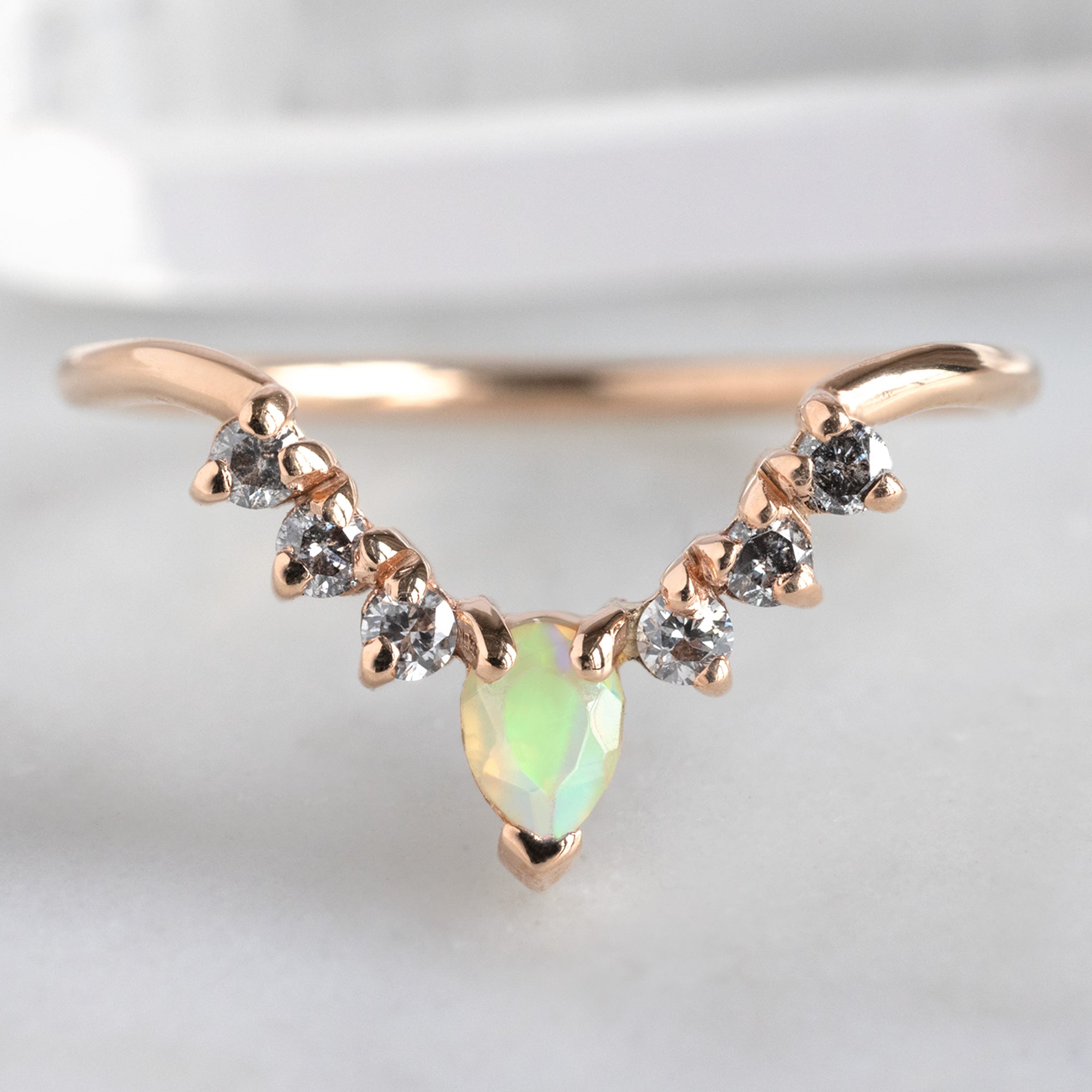 Opal + Salt and Pepper Diamond Sunburst Stacking Band | Yellow, Rose or White Gold