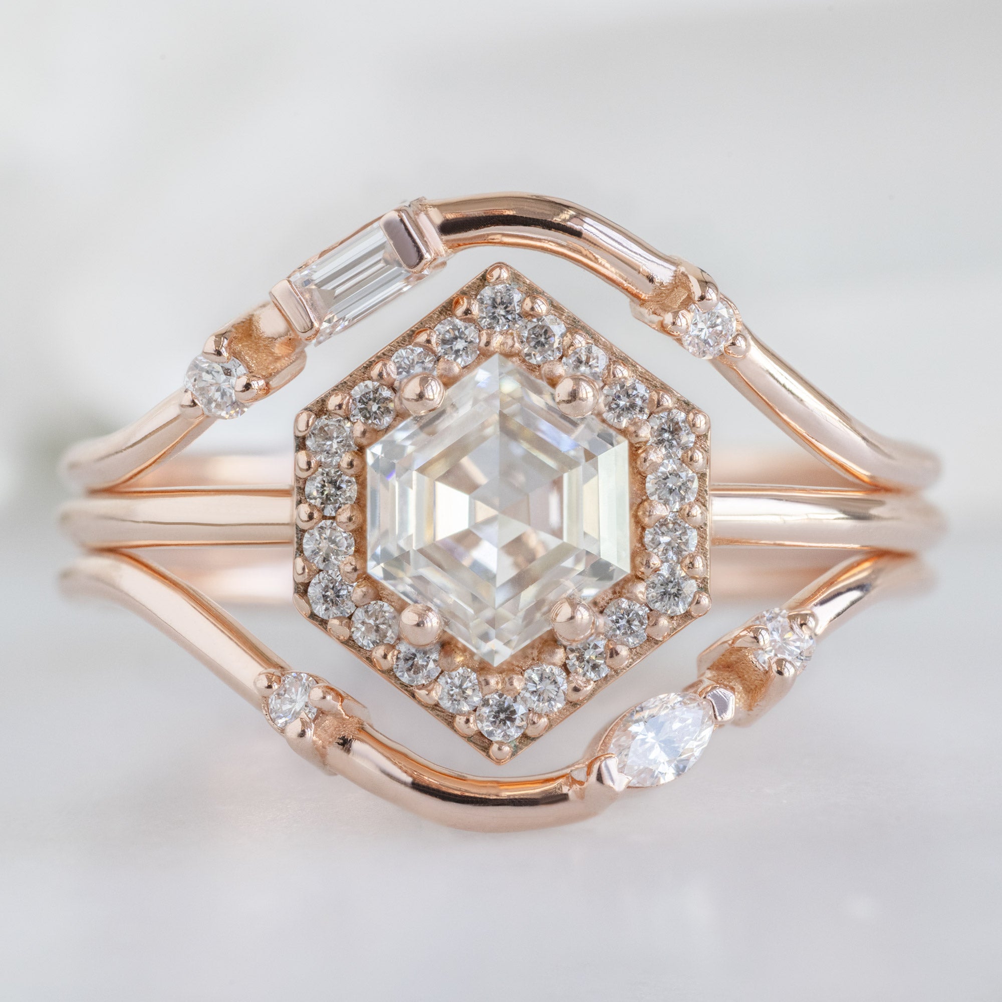 Asymmetrical Marquise Diamond Arc Stacking Band in 14K Rose Gold Stacked with a Pink Hexagonal Diamond Engagement Ring