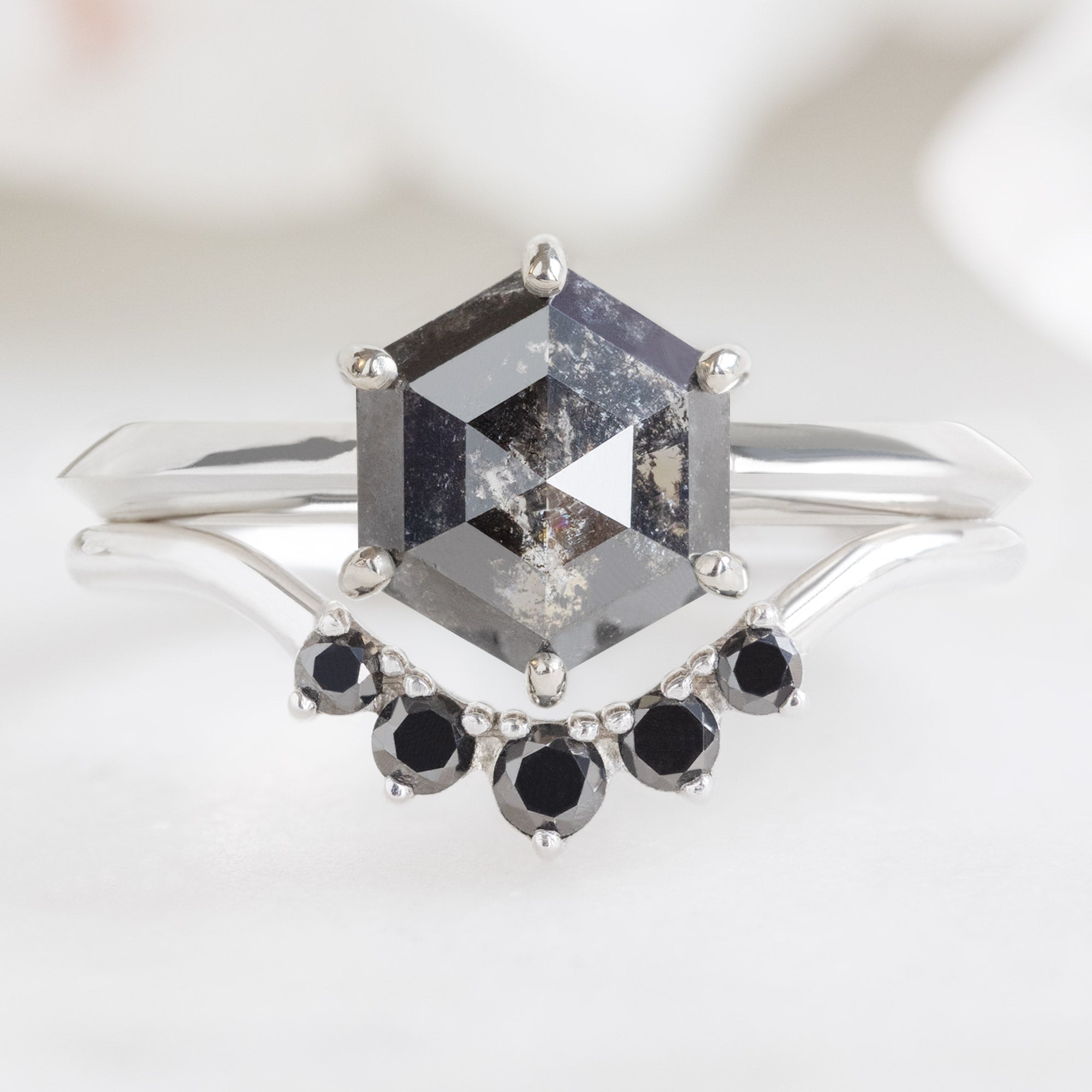 Round Black Diamond Sunburst Stacking Band | Yellow, Rose or White Gold