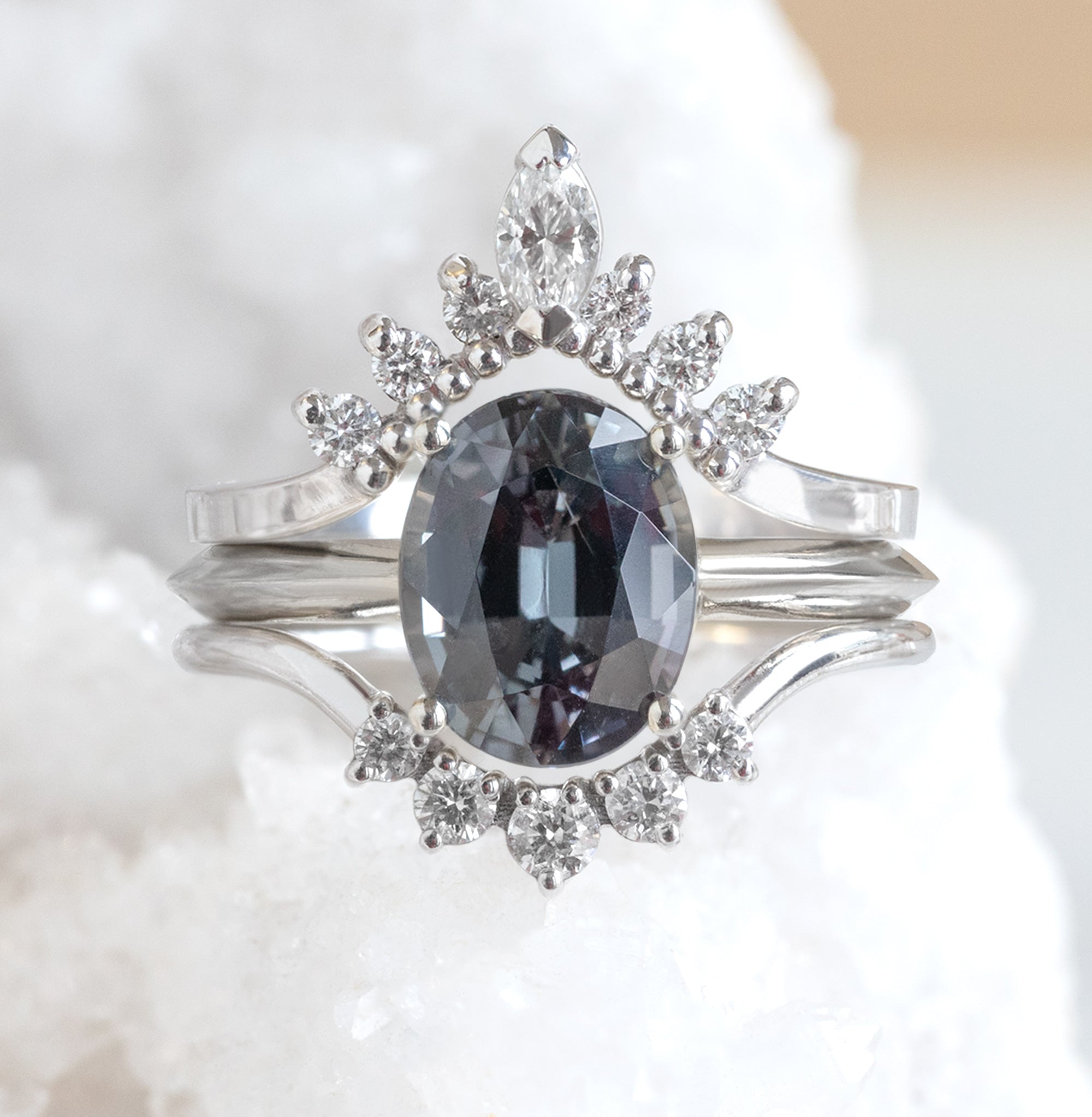 White Diamond Marquise Sunburst Stacking Band | Yellow, Rose or White Gold