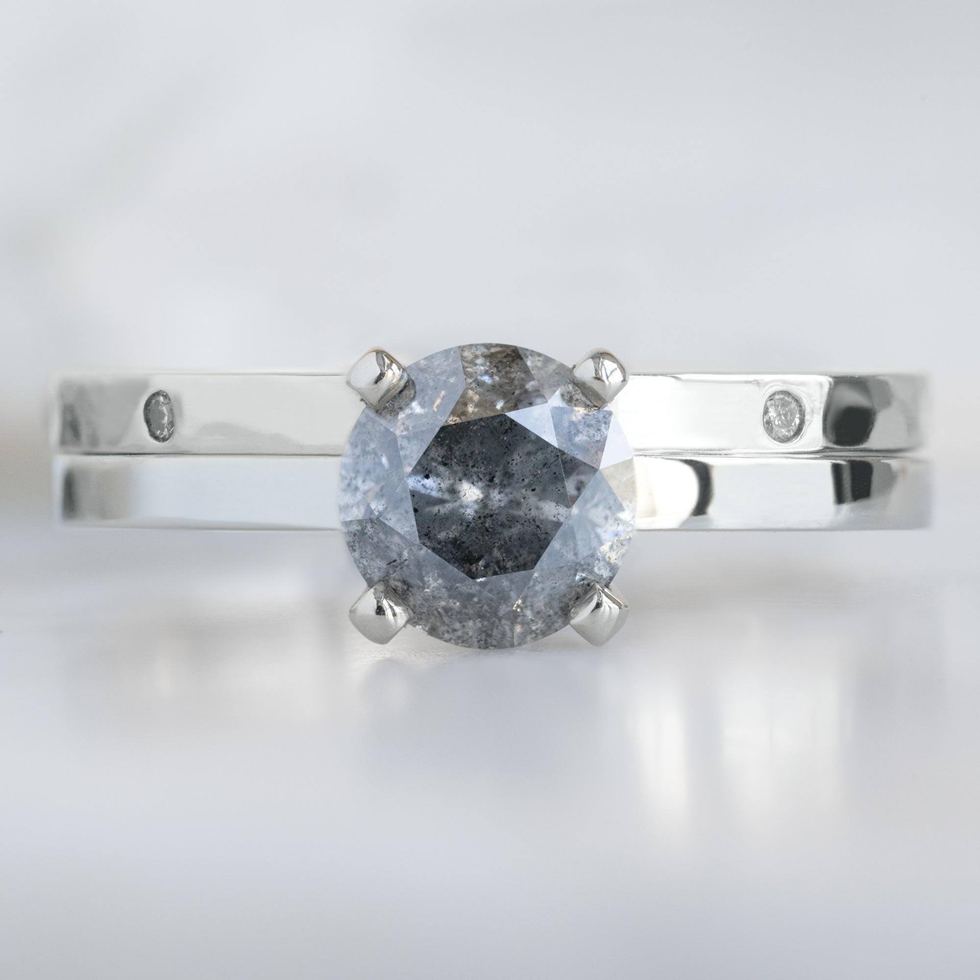 Salt and Pepper Diamond Eternity Band in 14K White Gold Stacked with Round Salt and Pepper Diamond Engagement Ring