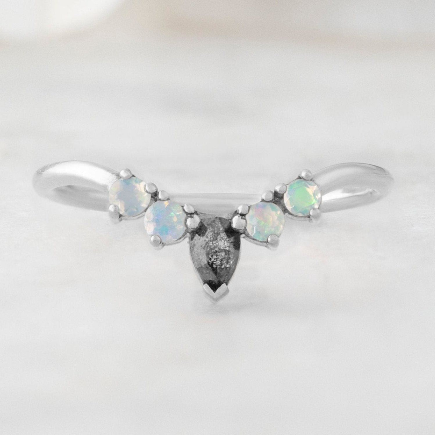 Black Diamond + Opal 4-Stone Sunburst Stacking Band | Yellow, Rose or White Gold