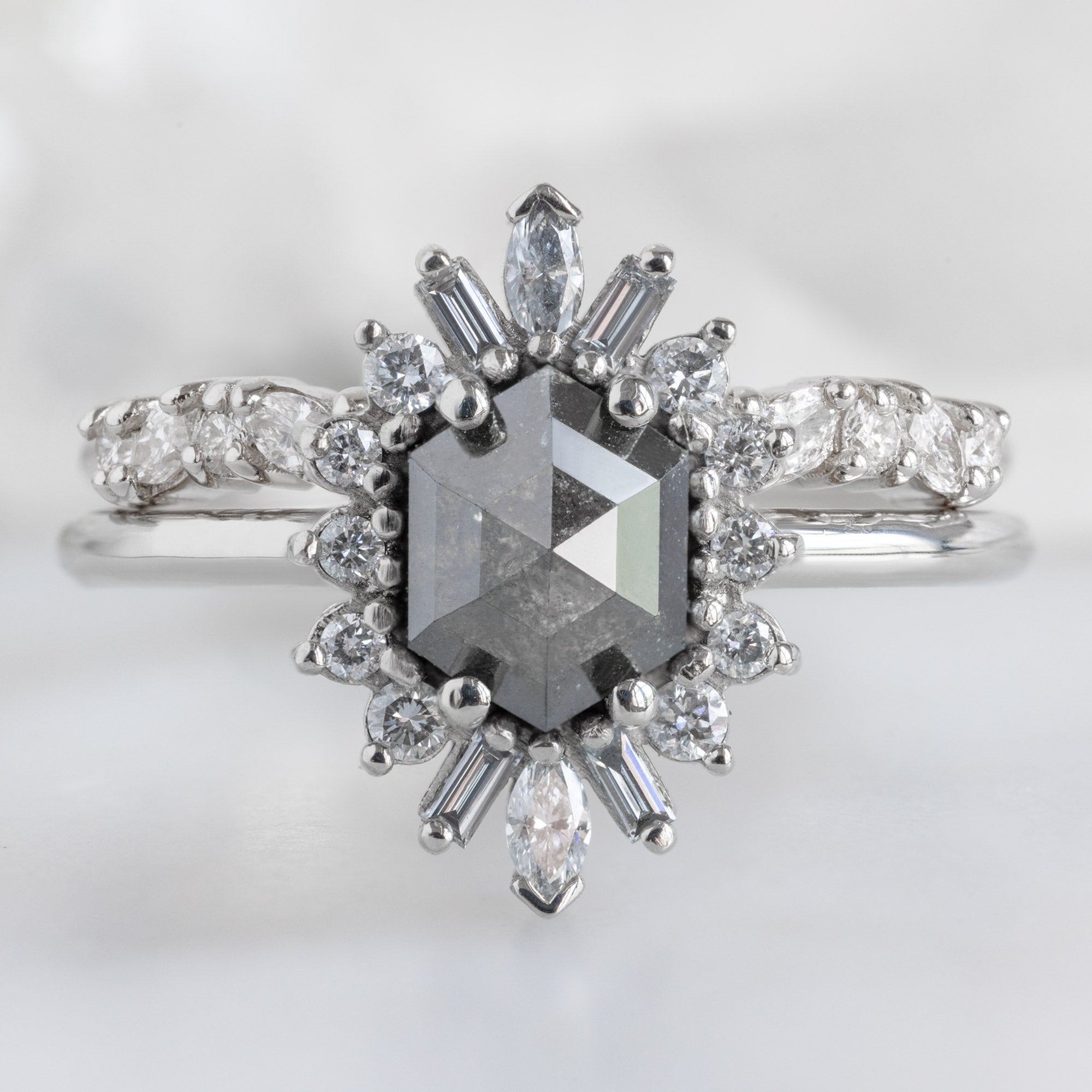 The Marquise Confetti Wedding Band in 14K White Gold Stacked with Black Diamond Hexagon Engagement Ring