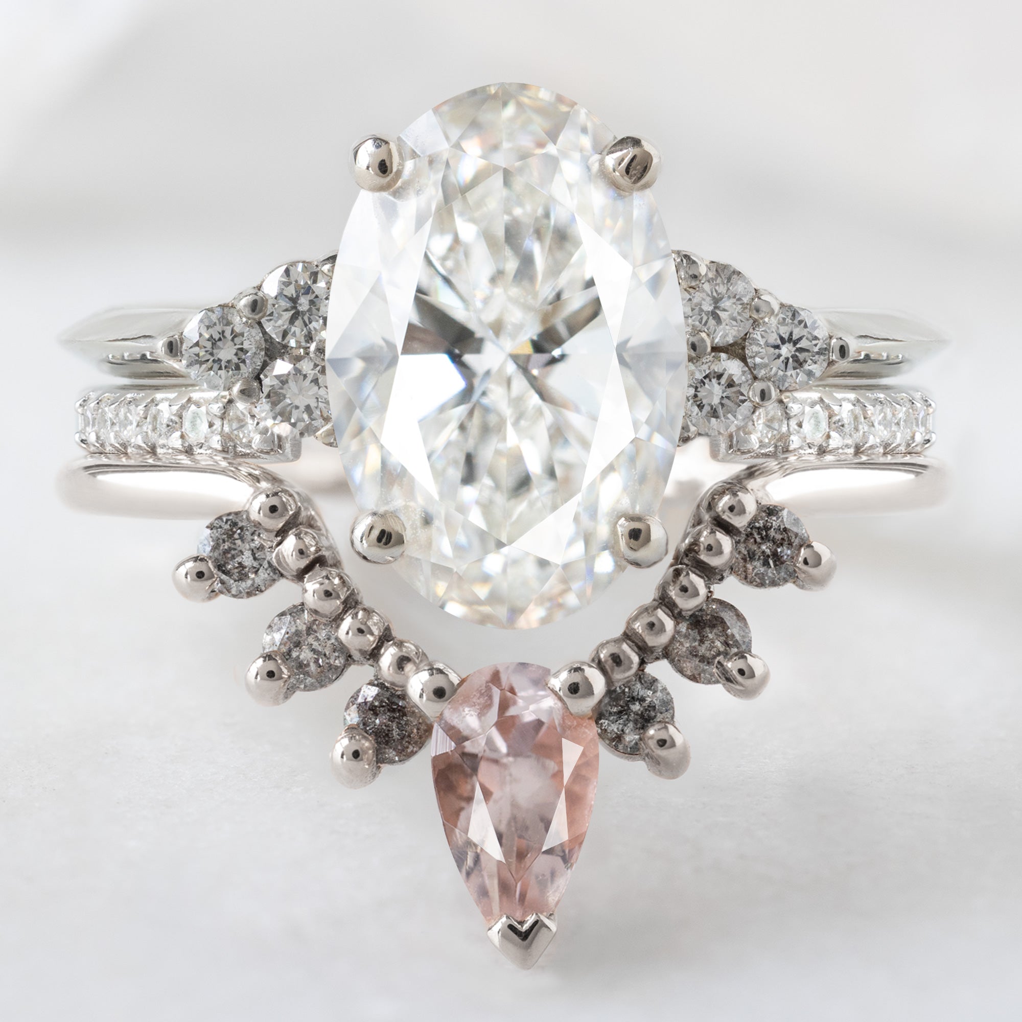 Morganite + Salt and Pepper Diamond Sunburst Stacking Band | Yellow, Rose or White Gold