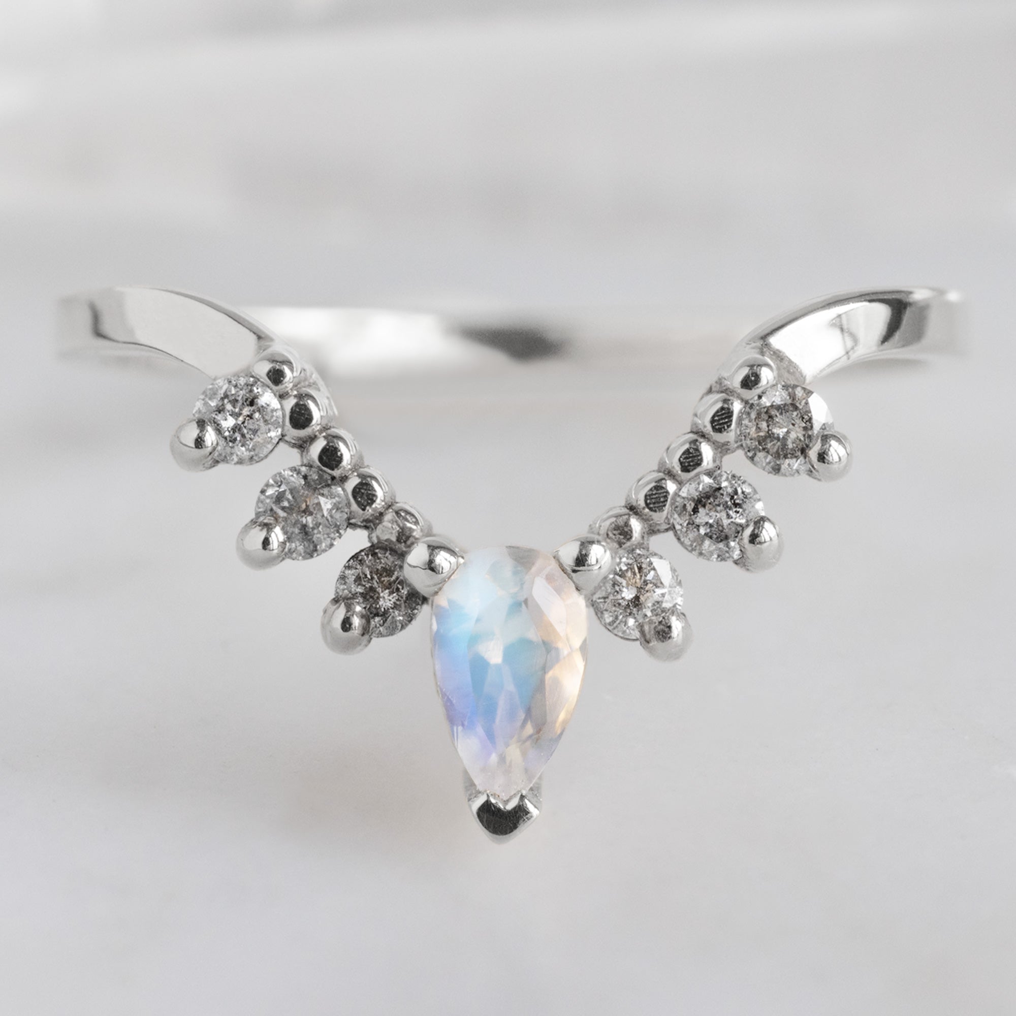 Moonstone and Salt and Pepper Diamond Sunburst Stacking Band in 14K White Gold on White Marble