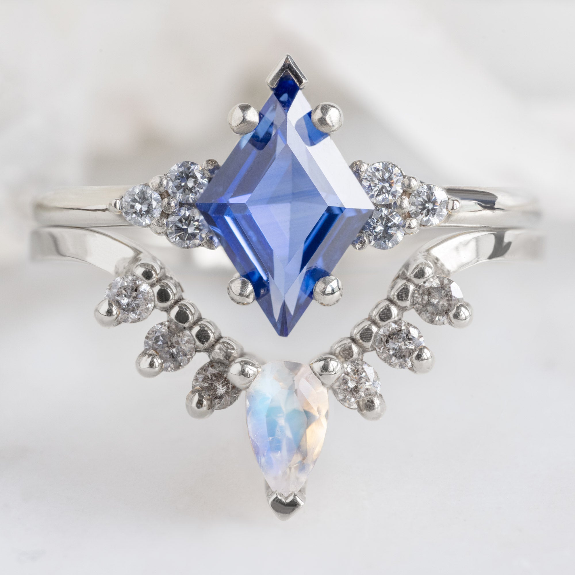 Moonstone and Salt and Pepper Diamond Sunburst Stacking Band in 14K White Gold Stacked with Sapphire Kite Engagement Ring