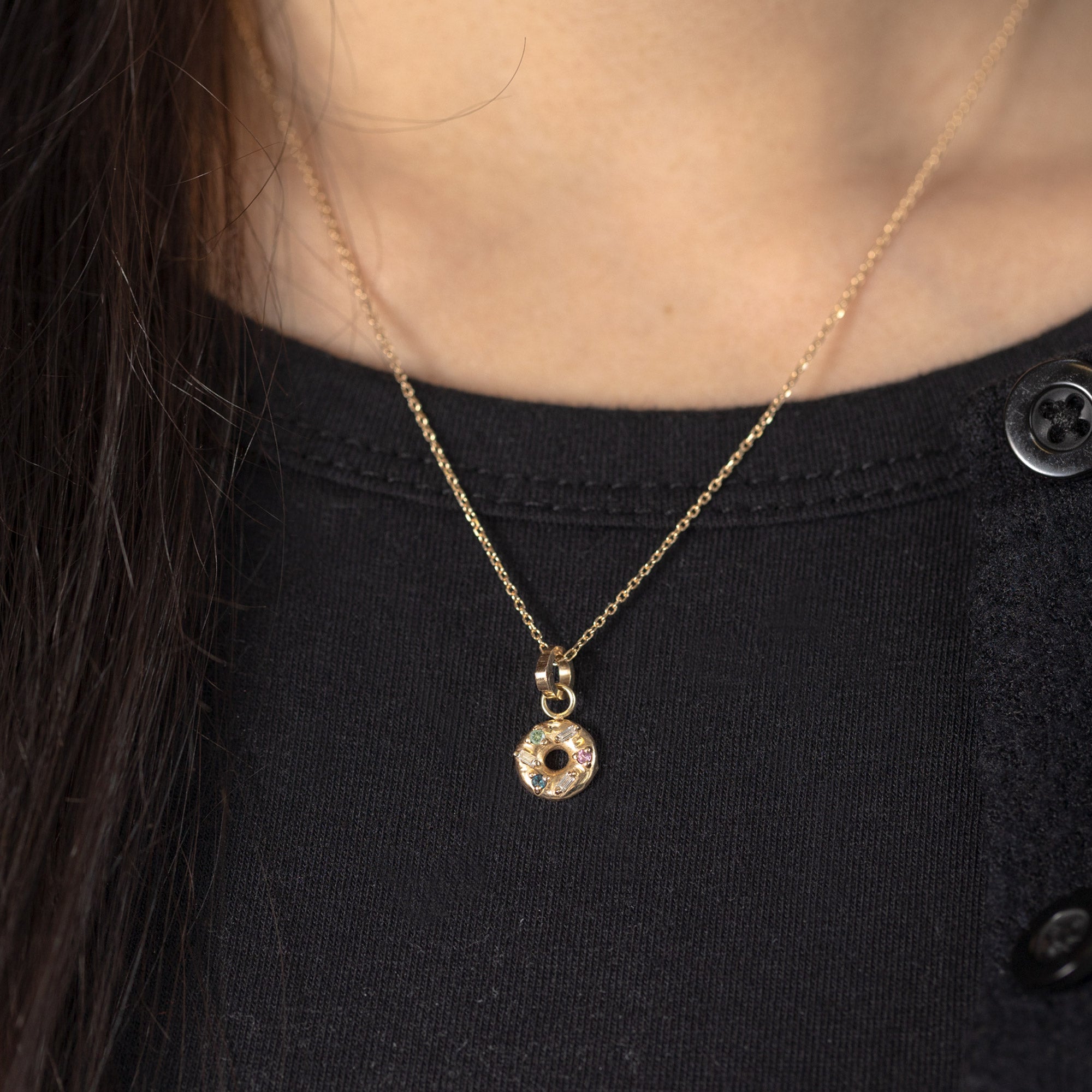The Donut Charm in 10K Yellow Gold on Diamond-Cut Cable Chain on Model