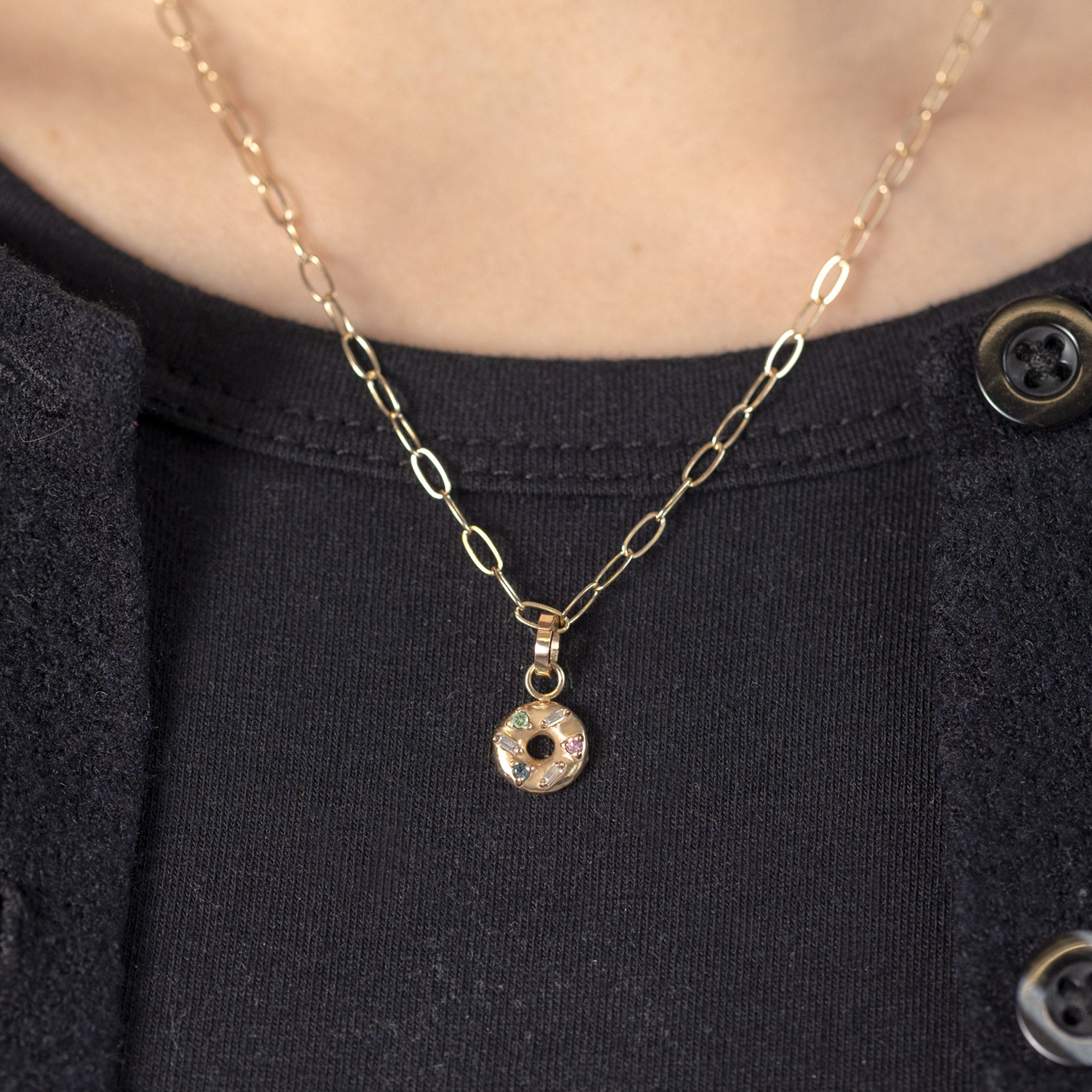 The Donut Charm in 10K Yellow Gold on Drawn Cable Chain Necklace on Model