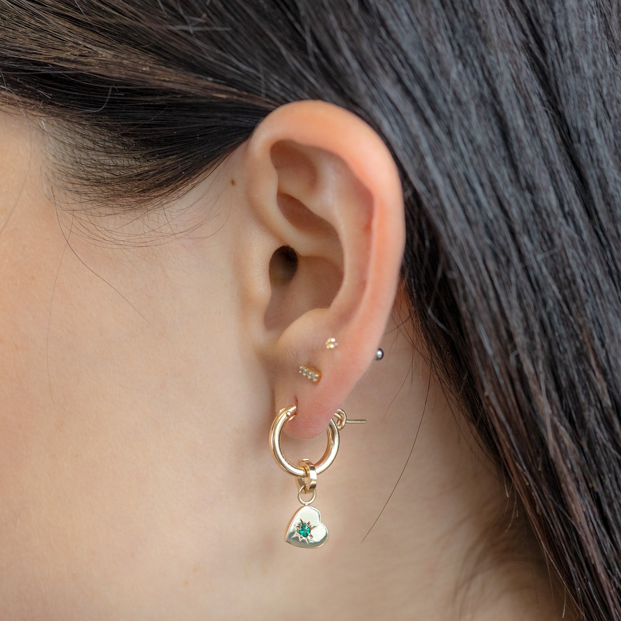 The Heart Charm in 10K Yellow Gold on Charm Hoop on Model