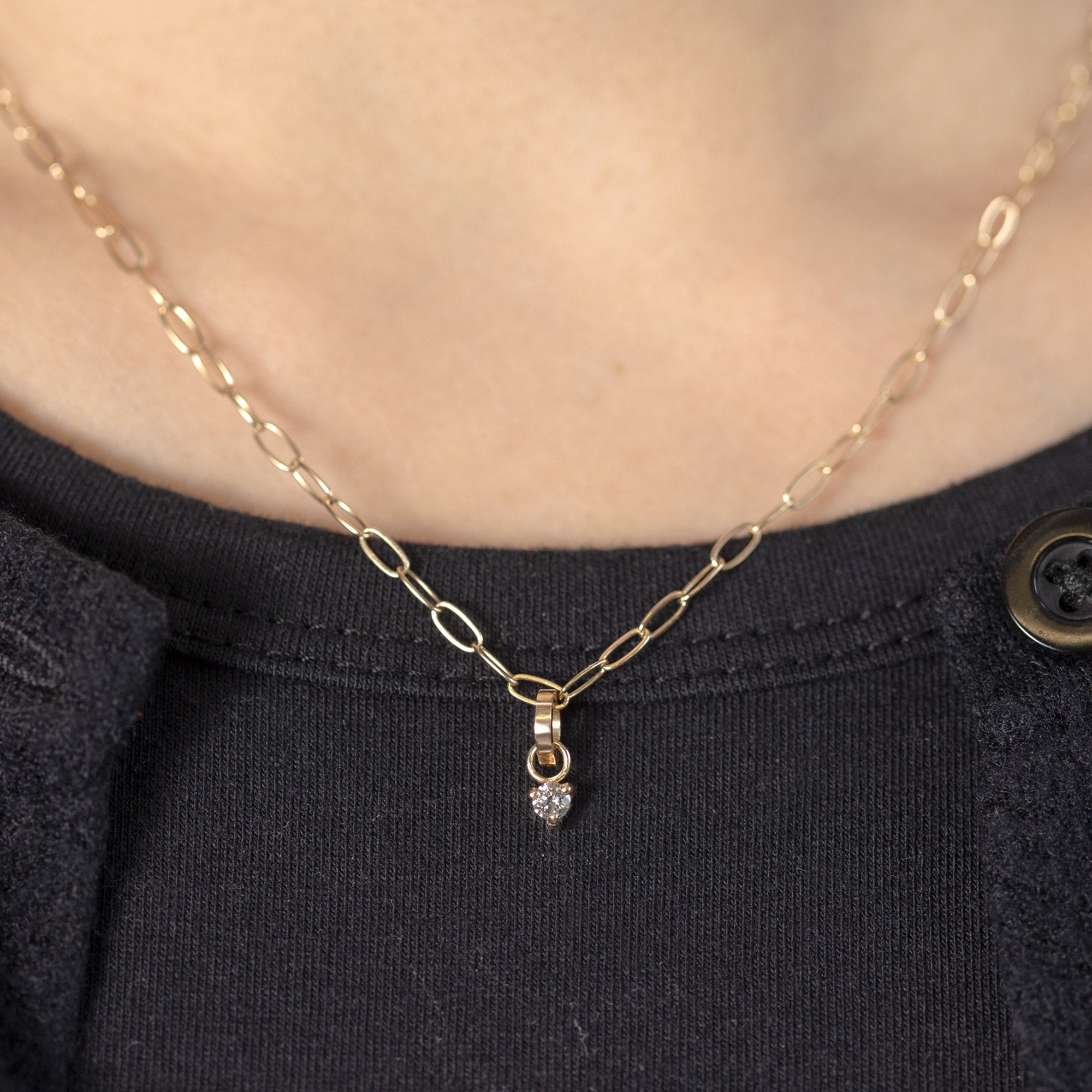 The Salt and Pepper Diamond Birthstone Charm in 10K Yellow Gold on Drawn Cable Chain Necklace on Model