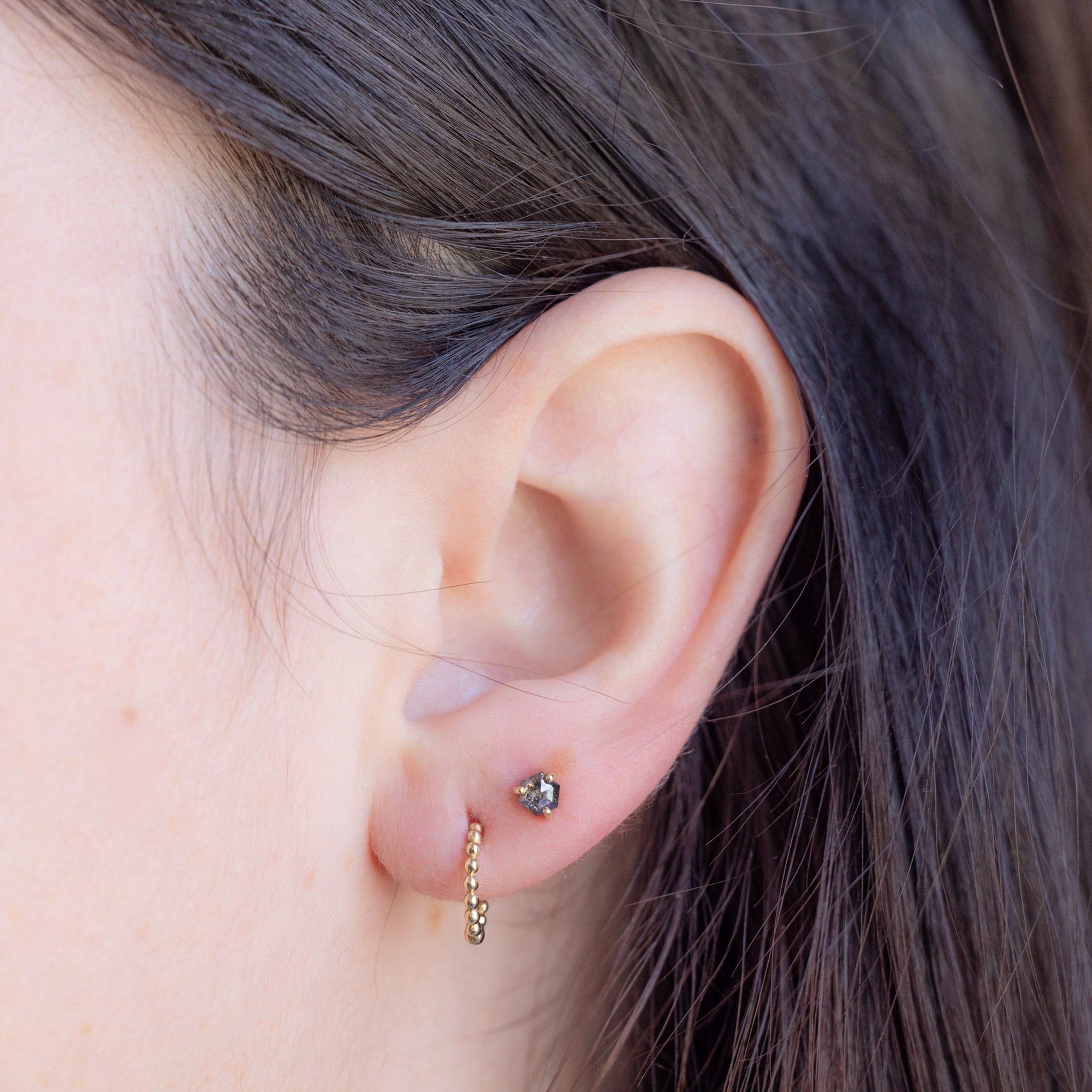 Alexis Russell Earrings The Teensy Black Diamond Hexagon Stud Earrings | Yellow Gold
